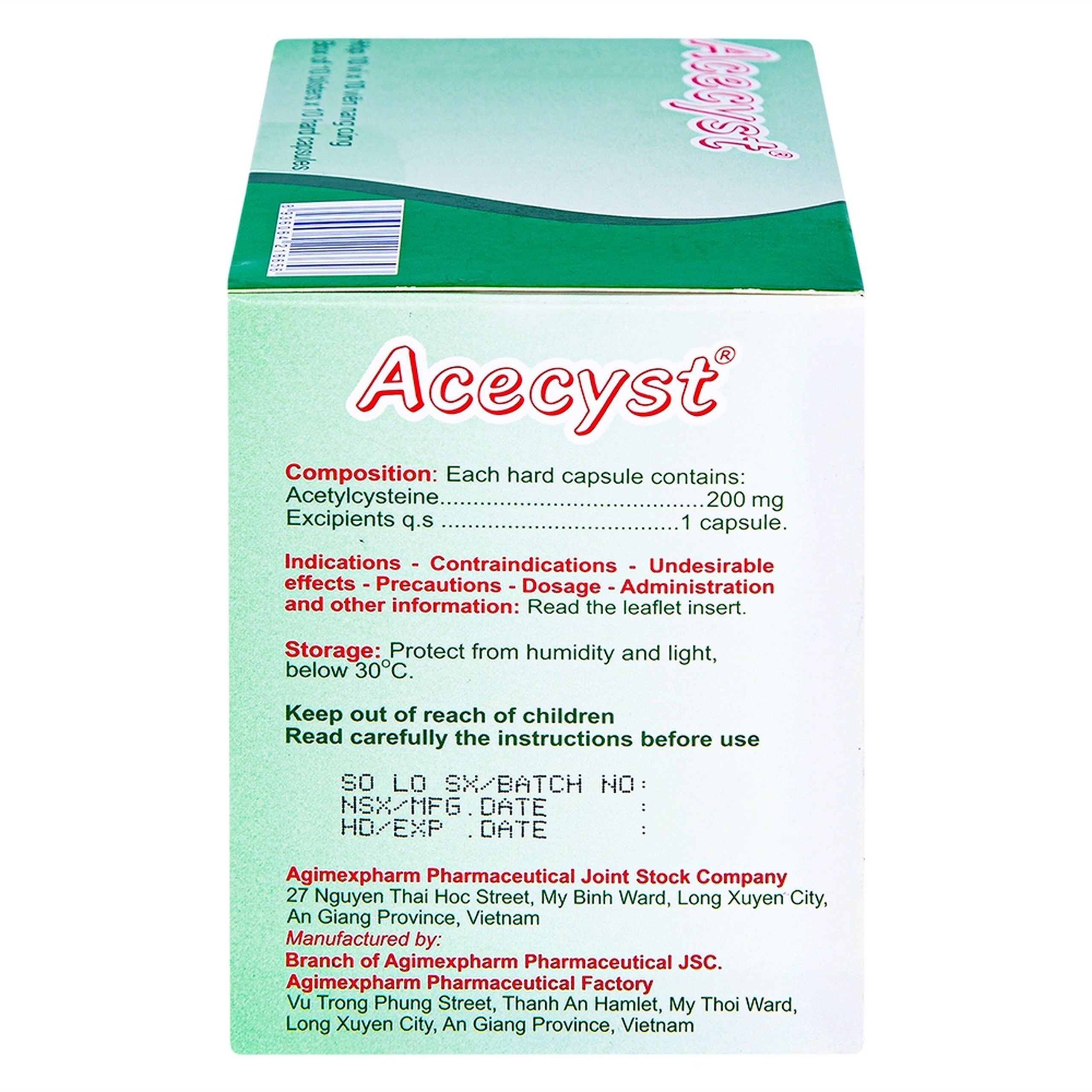 Thuốc Acecyst 200mg Agimexpharm long đờm, thông đường hô hấp trong viêm phế quản (10 vỉ x 10 viên)