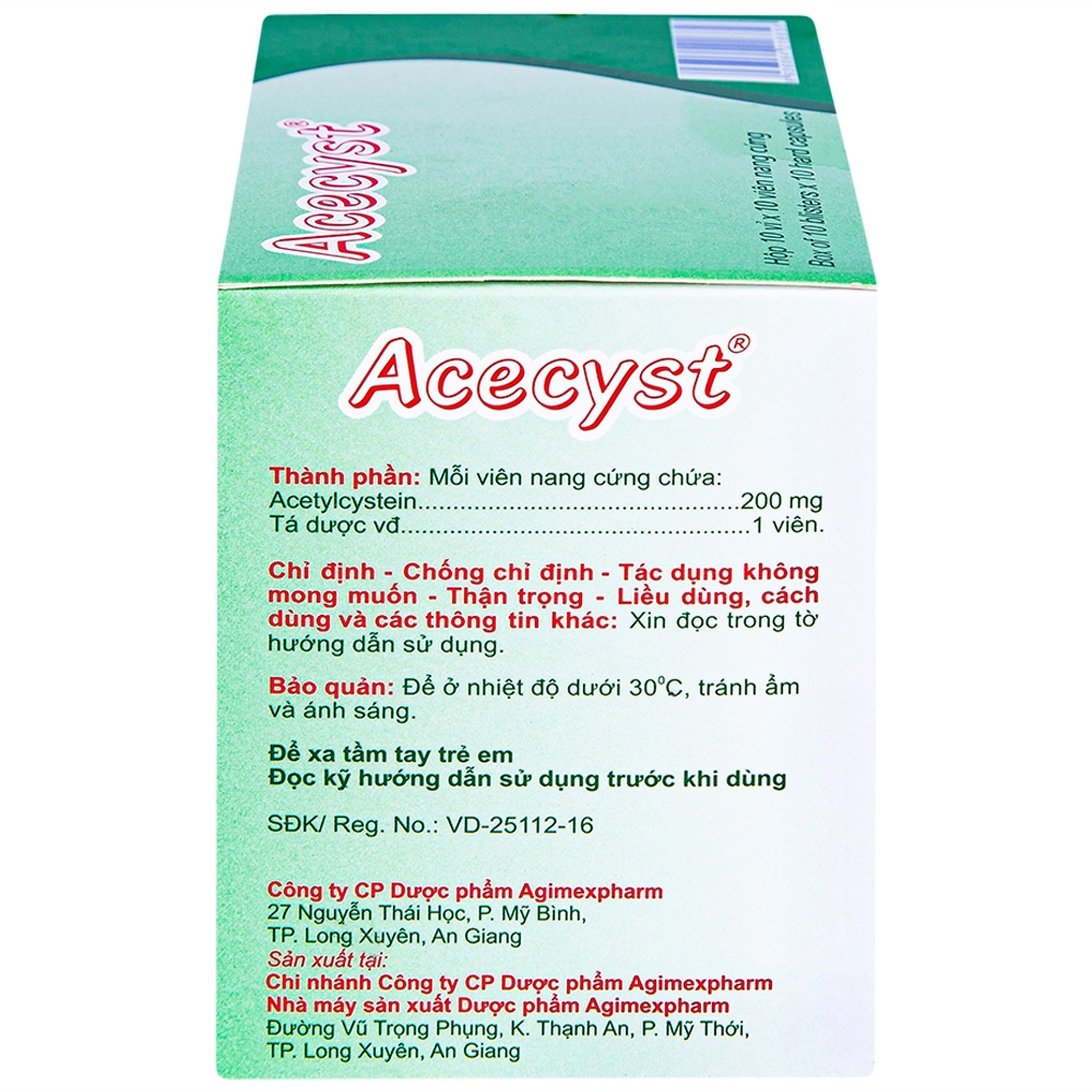 Thuốc Acecyst 200mg Agimexpharm long đờm, thông đường hô hấp trong viêm phế quản (10 vỉ x 10 viên)