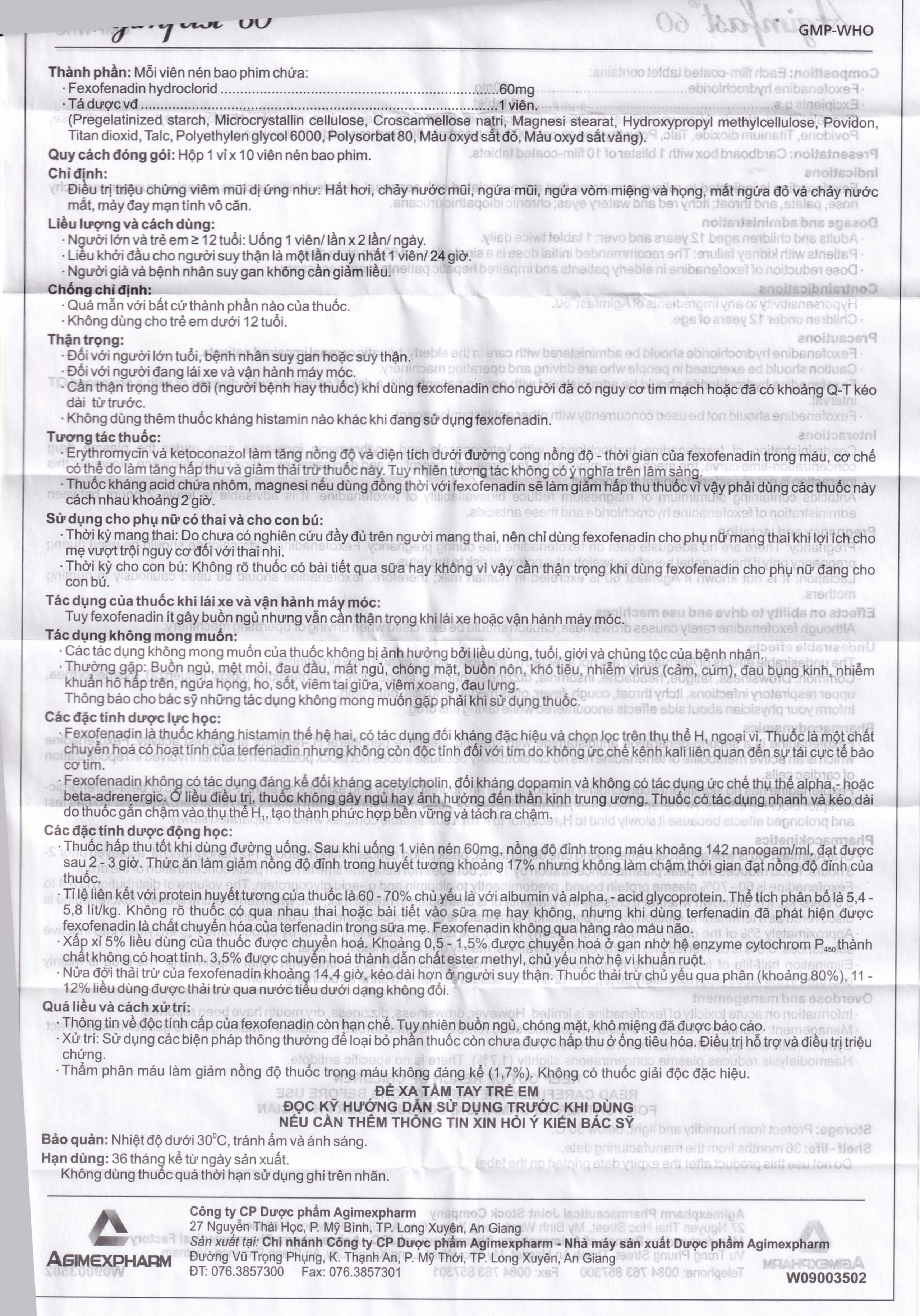 Thuốc Agimfast 60 Agimexpharm điều trị viêm mũi dị ứng, mày đay mạn tính vô căn (2 vỉ x 10 viên)
