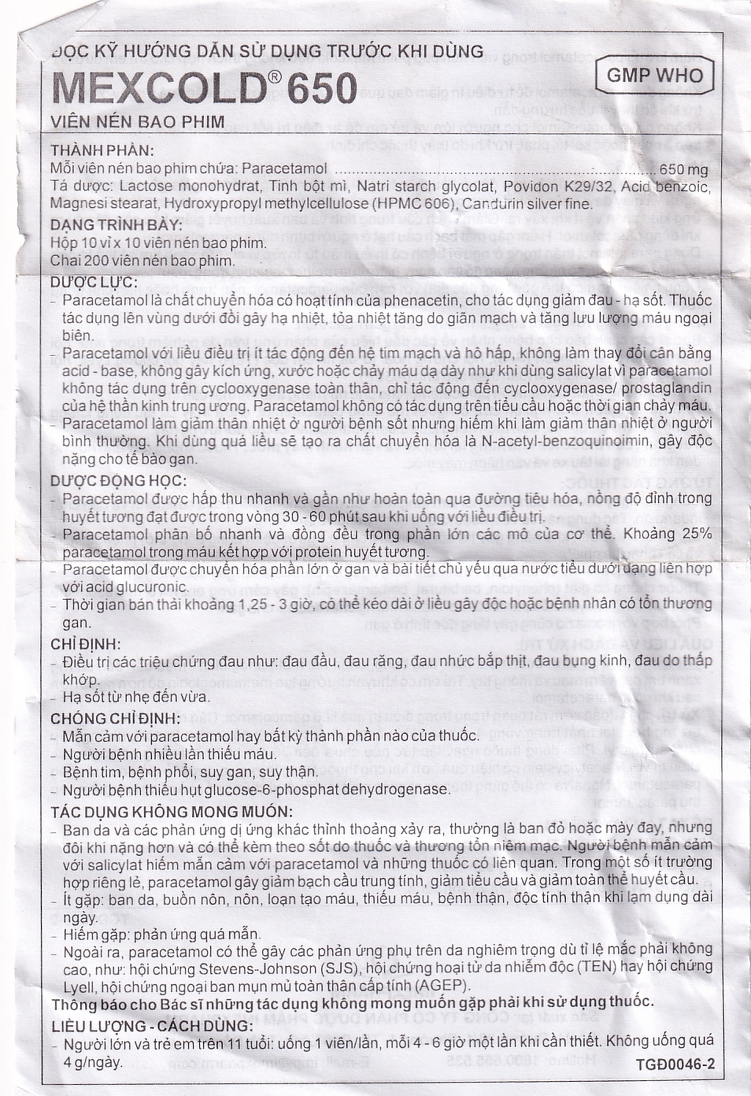Viên nén Mexcold 650 Imexpharm giảm đau hạ sốt (10 vỉ x 10 viên)