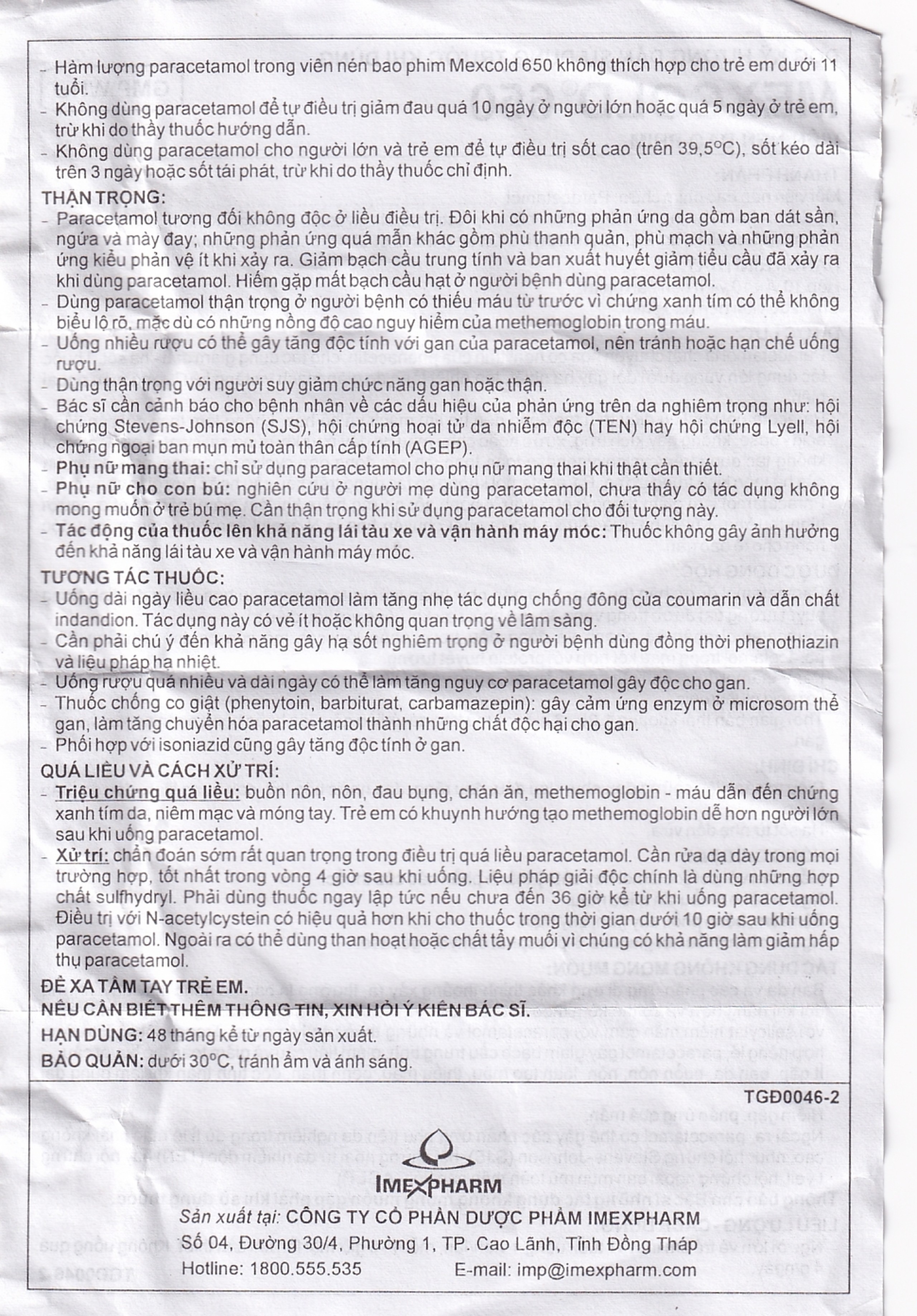 Viên nén Mexcold 650 Imexpharm giảm đau hạ sốt (10 vỉ x 10 viên)