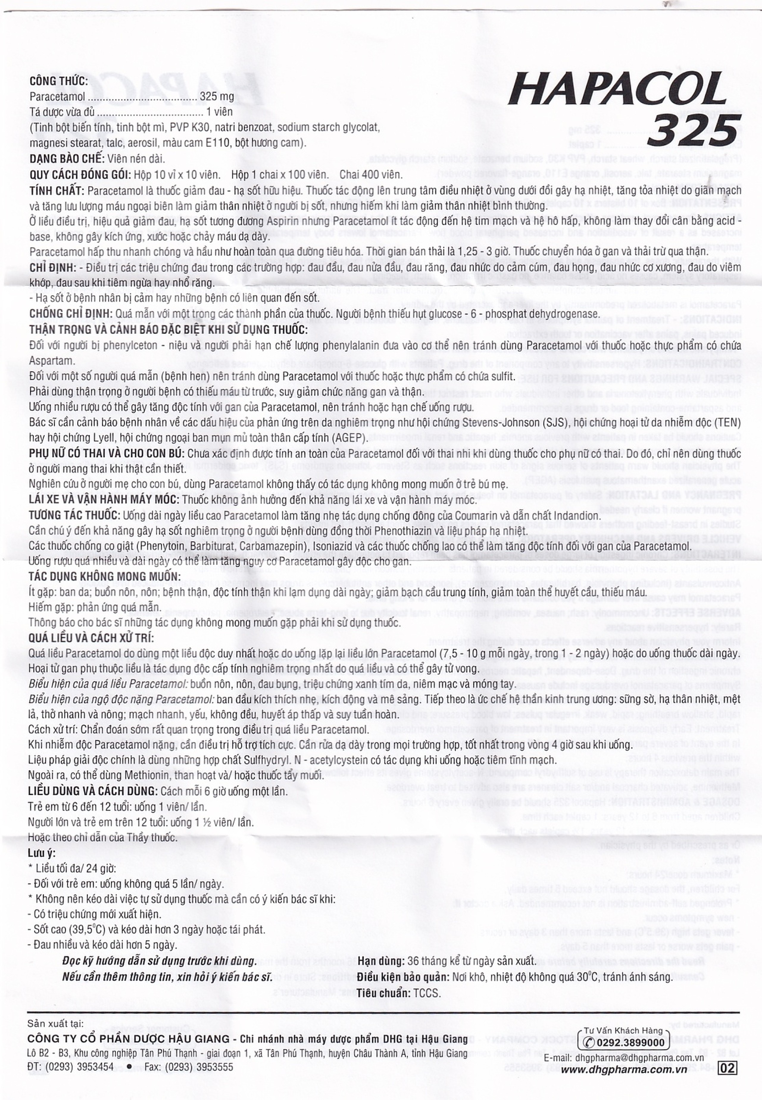 Thuốc Hapacol 325 DHG điều trị đau đầu, đau nửa đầu, đau răng (100 viên)