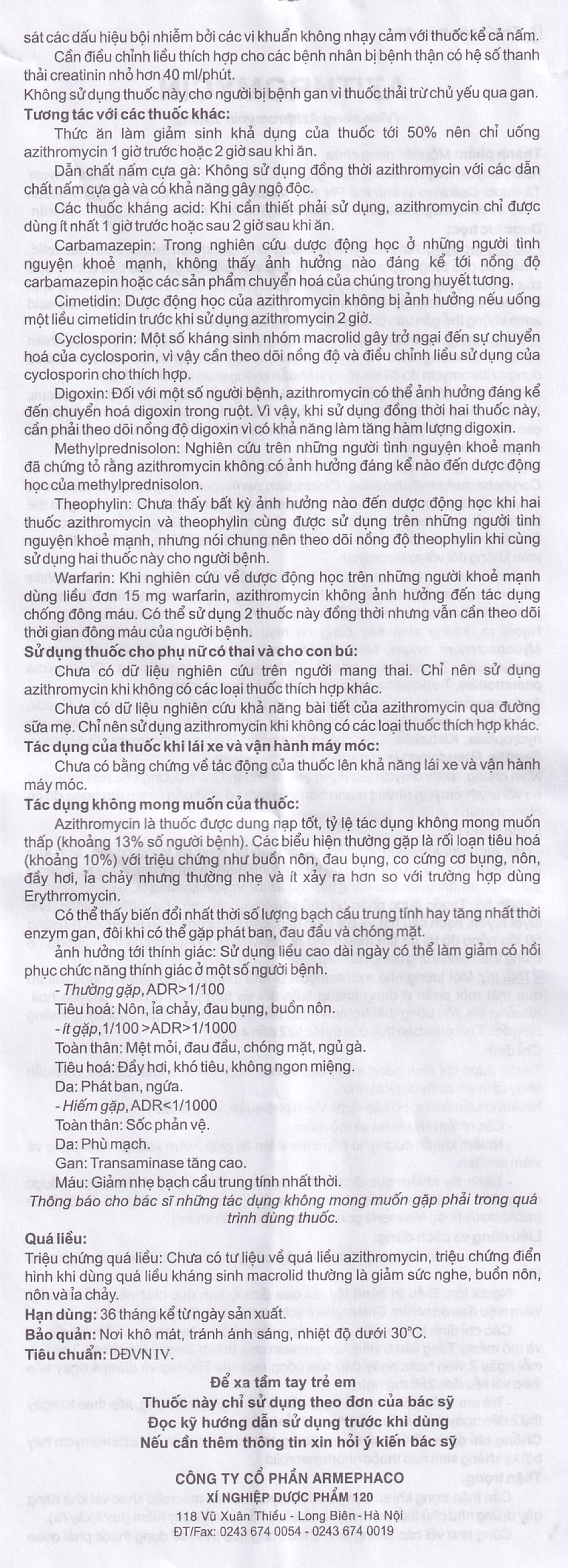 Thuốc Azithromycin 250 Armephaco điều trị nhiễm khuẩn (1 vỉ x 6 viên)