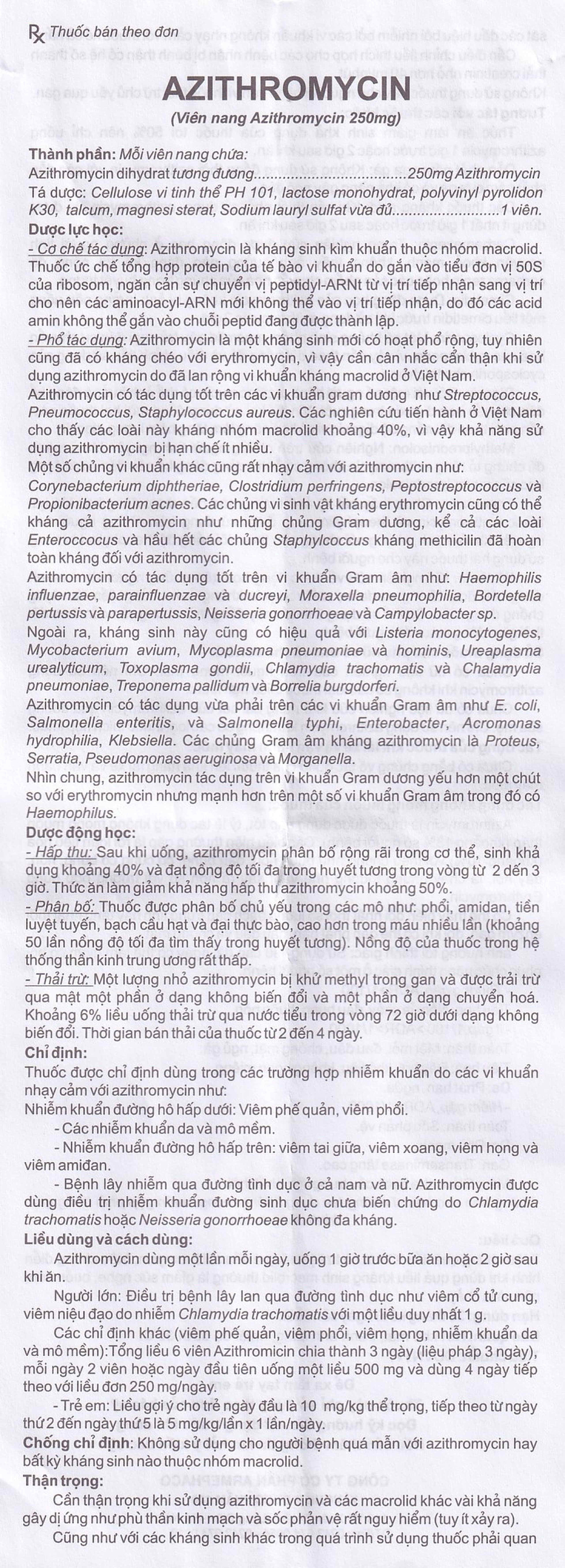 Thuốc Azithromycin 250 Armephaco điều trị nhiễm khuẩn (1 vỉ x 6 viên)