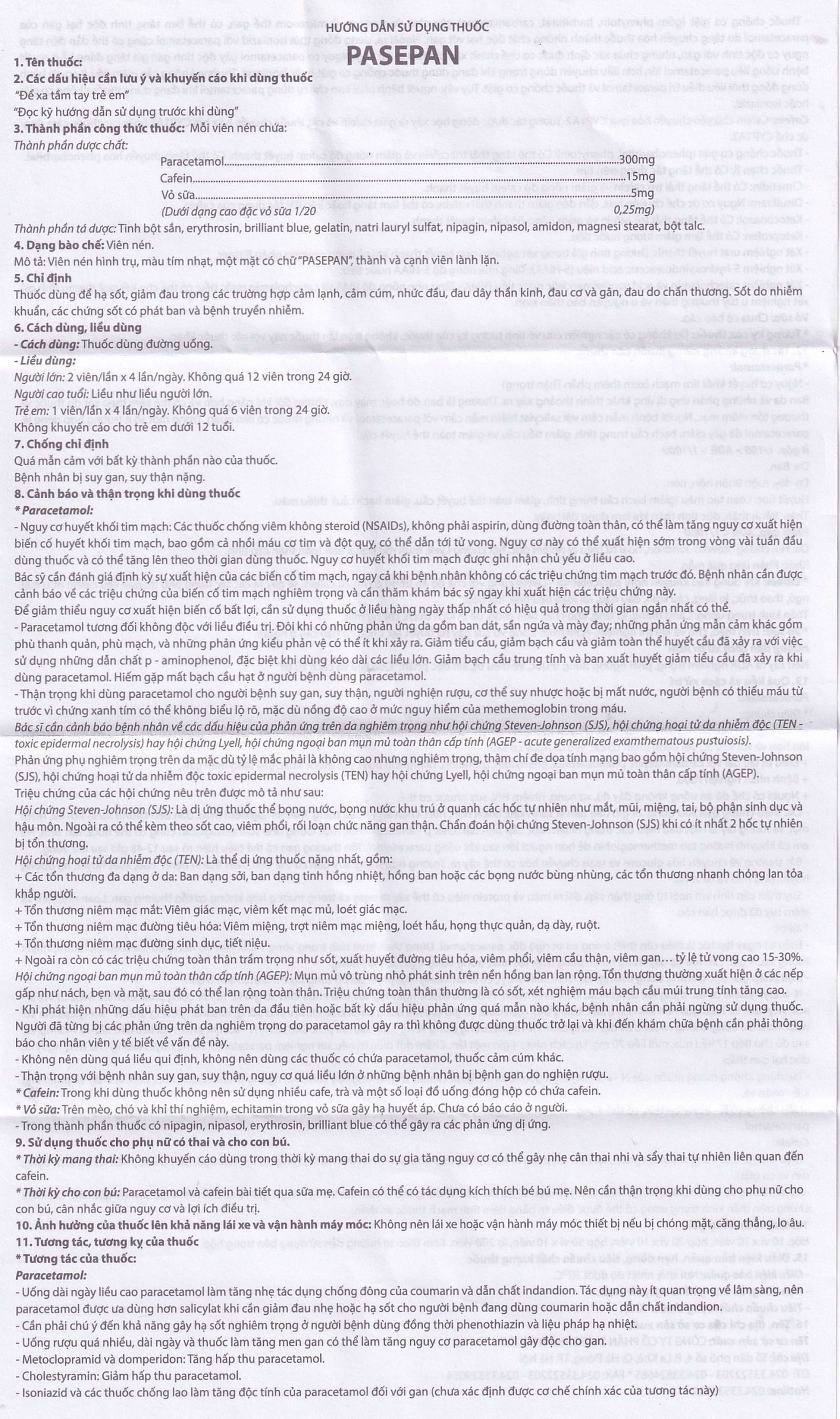 Viên nén Pasepan Hataphar hạ sốt, giảm đau, điều trị cảm lạnh, cảm cúm, nhức đầu (50 vỉ x 10 viên)