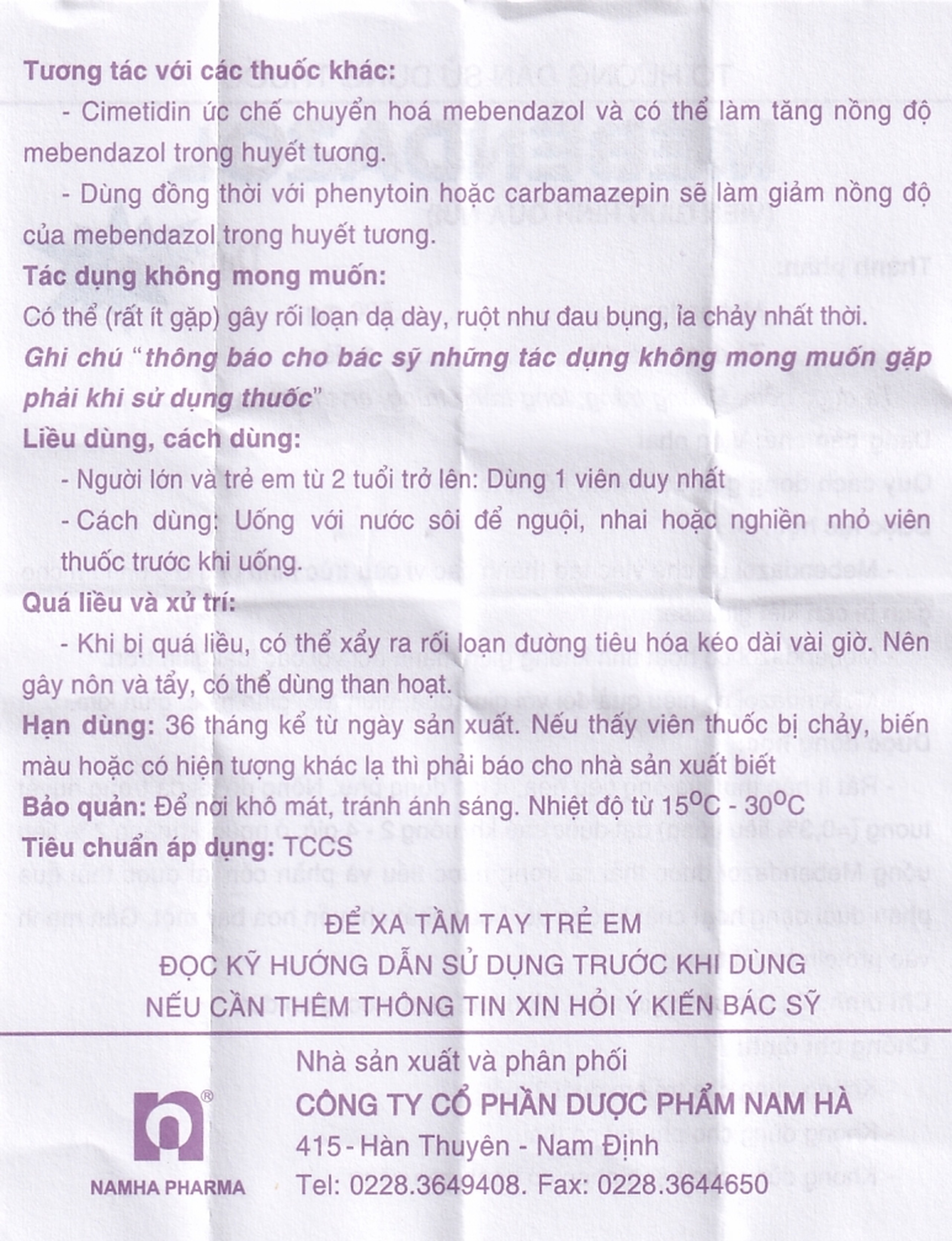 Viên nhai Mebendazol 500mg Nam Hà điều trị các loại giun tròn (1 viên)