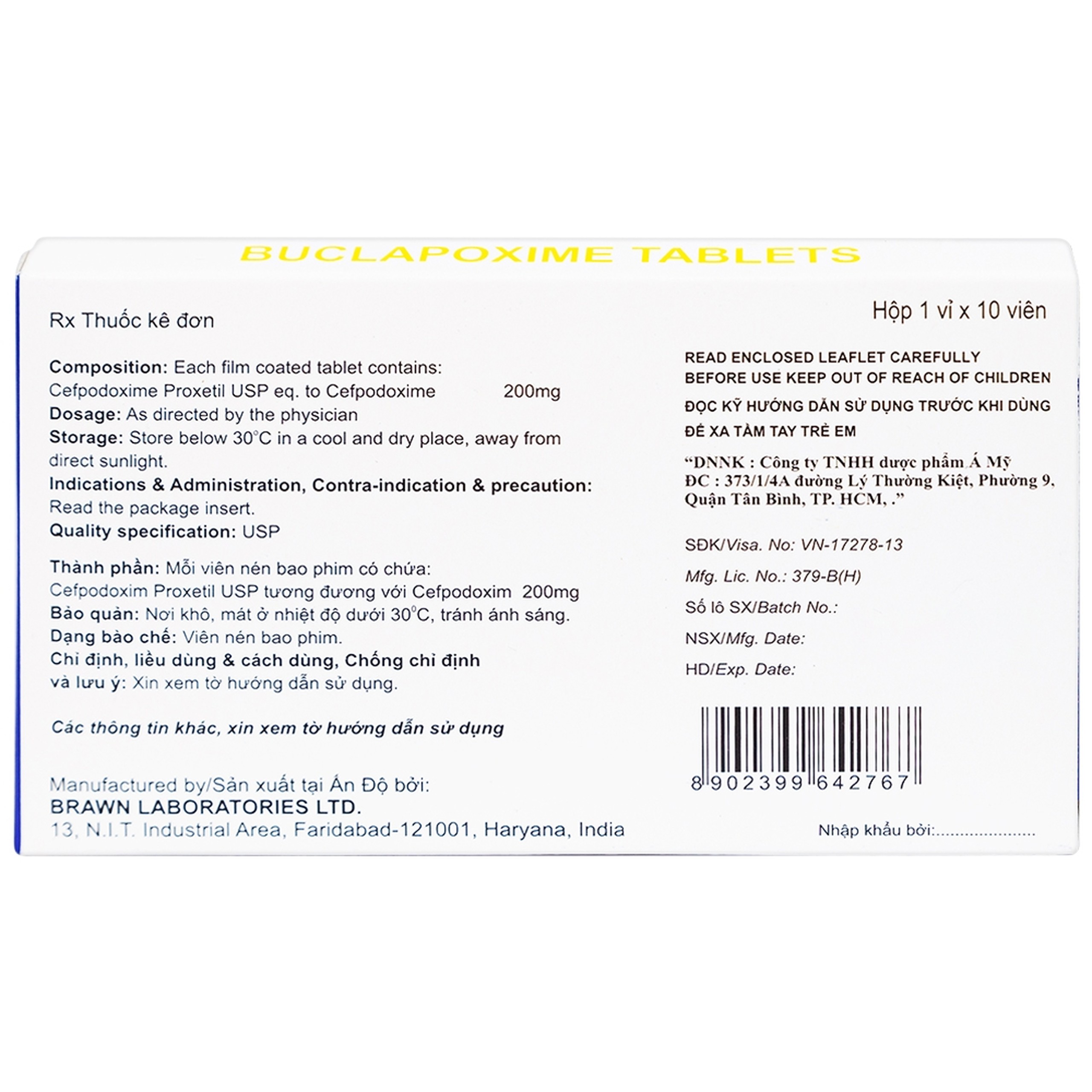 Thuốc Buclapoxime Brawn điều trị nhiễm khuẩn (1 vỉ x 10 viên)