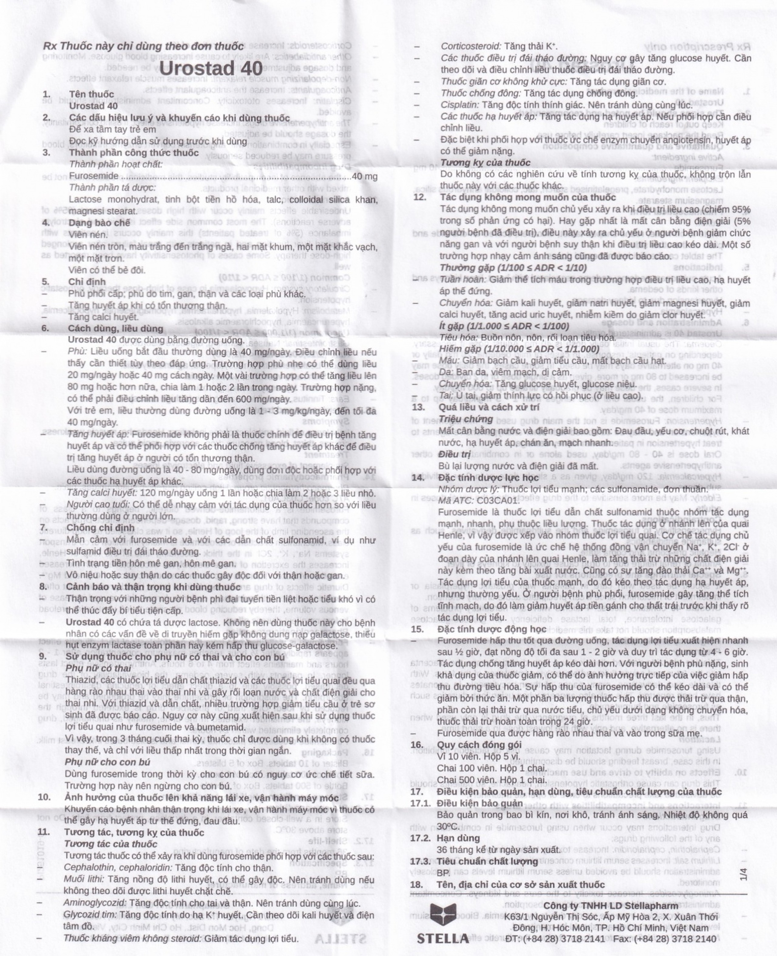Thuốc Urostad 40 Stella điều trị phù phổi cấp (5 vỉ x 10 viên)