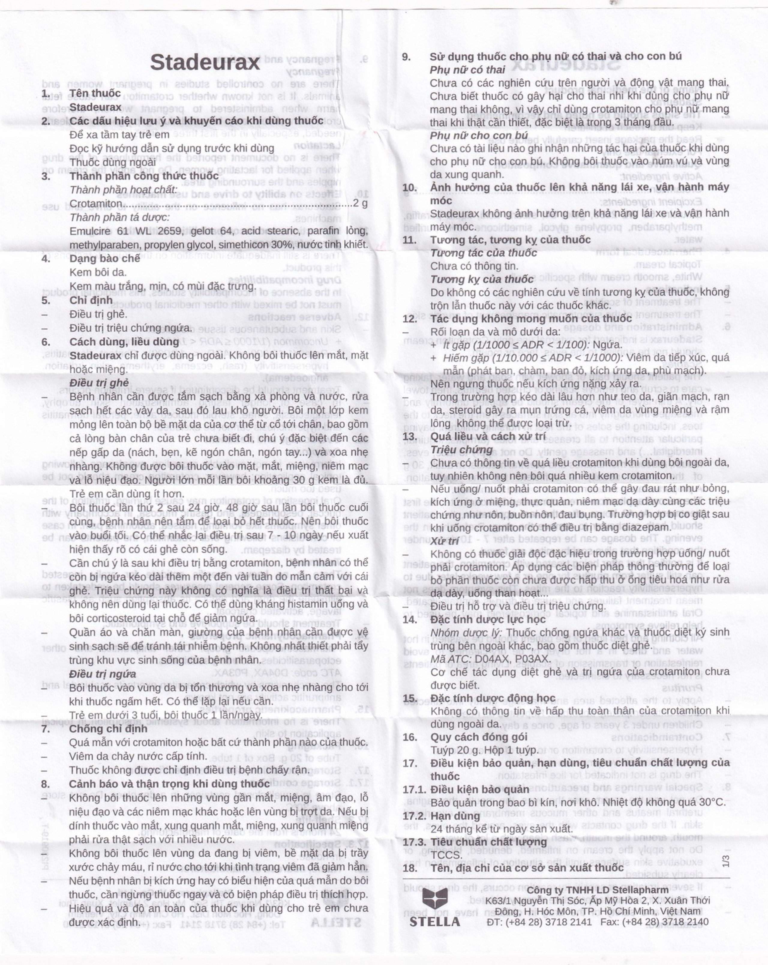 Kem bôi da Stadeurax Stella điều trị ghẻ, triệu chứng ngứa (20g)