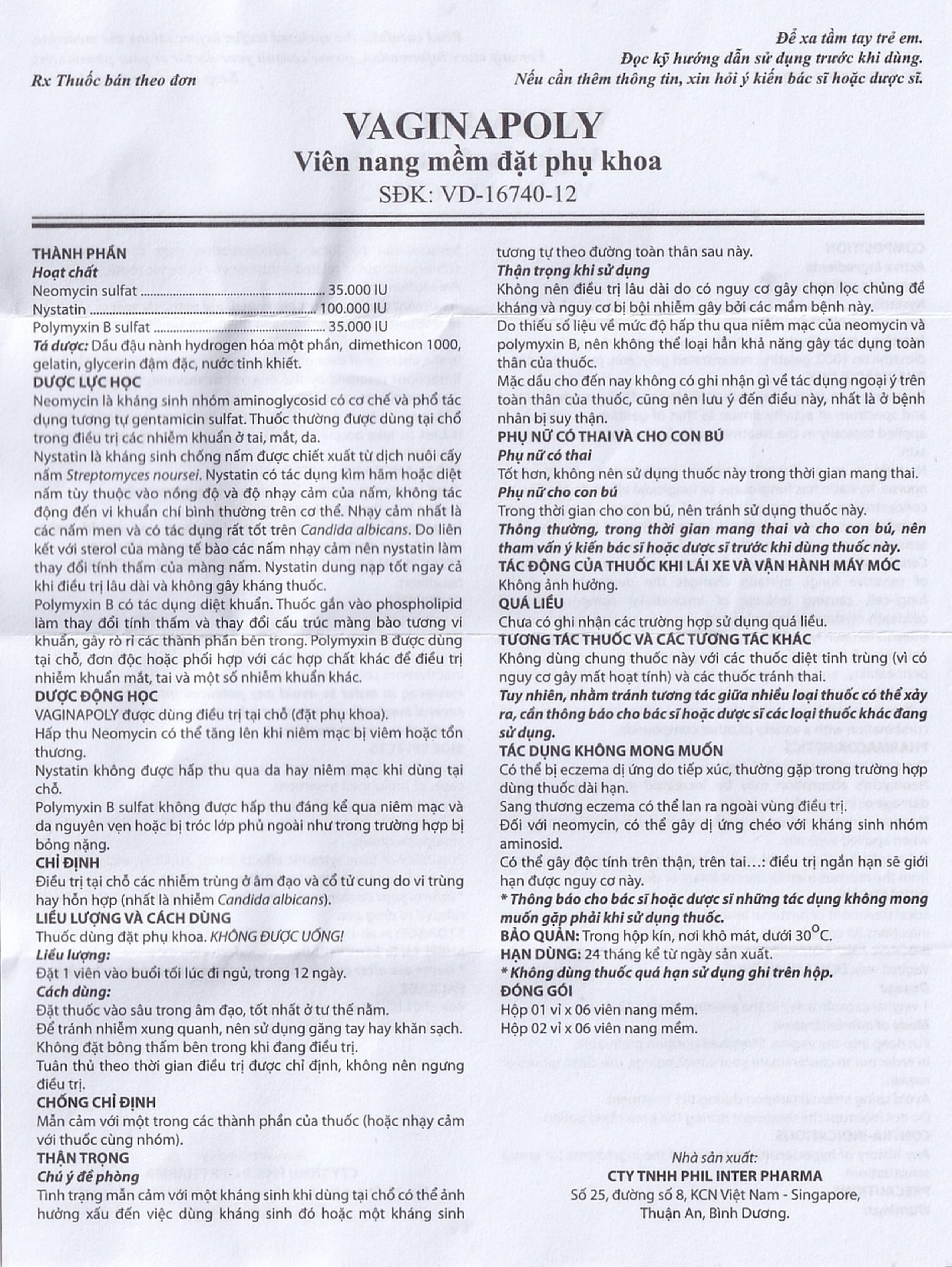 Viên đặt phụ khoa Vaginapoly Phil Inter điều trị nhiễm trùng ở âm đạo (2 vỉ x 6 viên)
