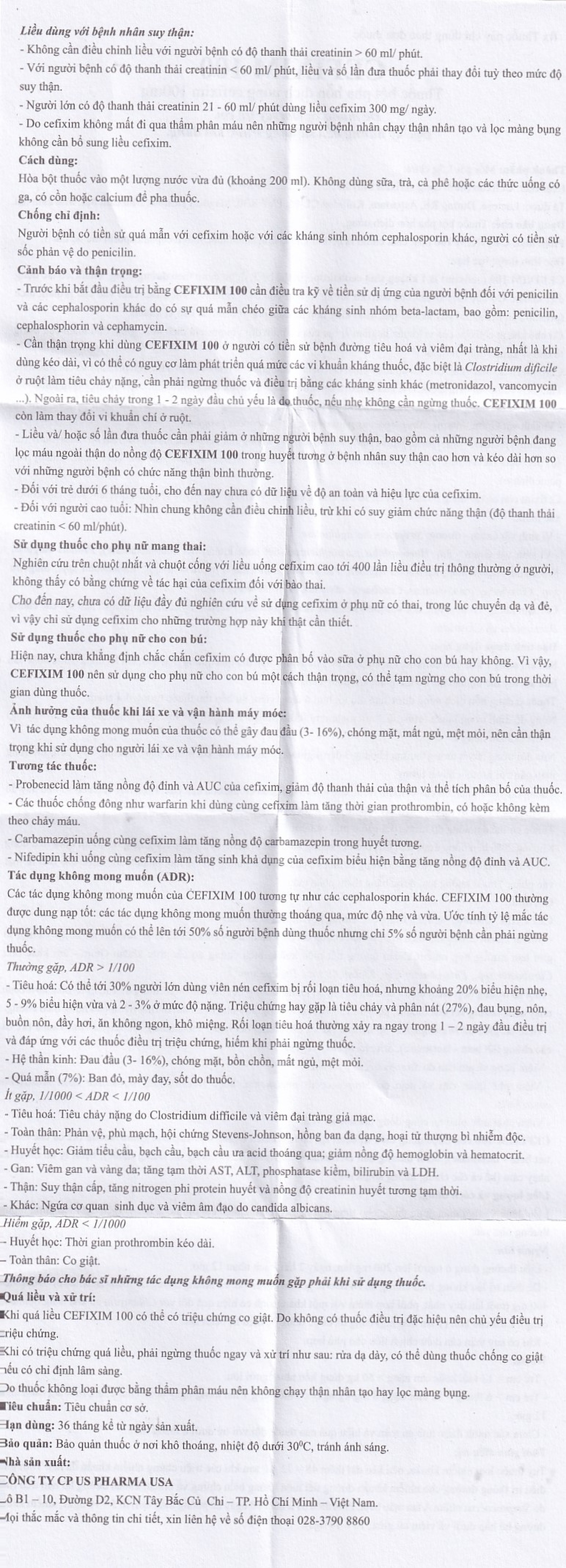 Bột pha hỗn dịch uống Cefixim 100 USP điều trị nhiễm khuẩn (10 gói x 1.5g)