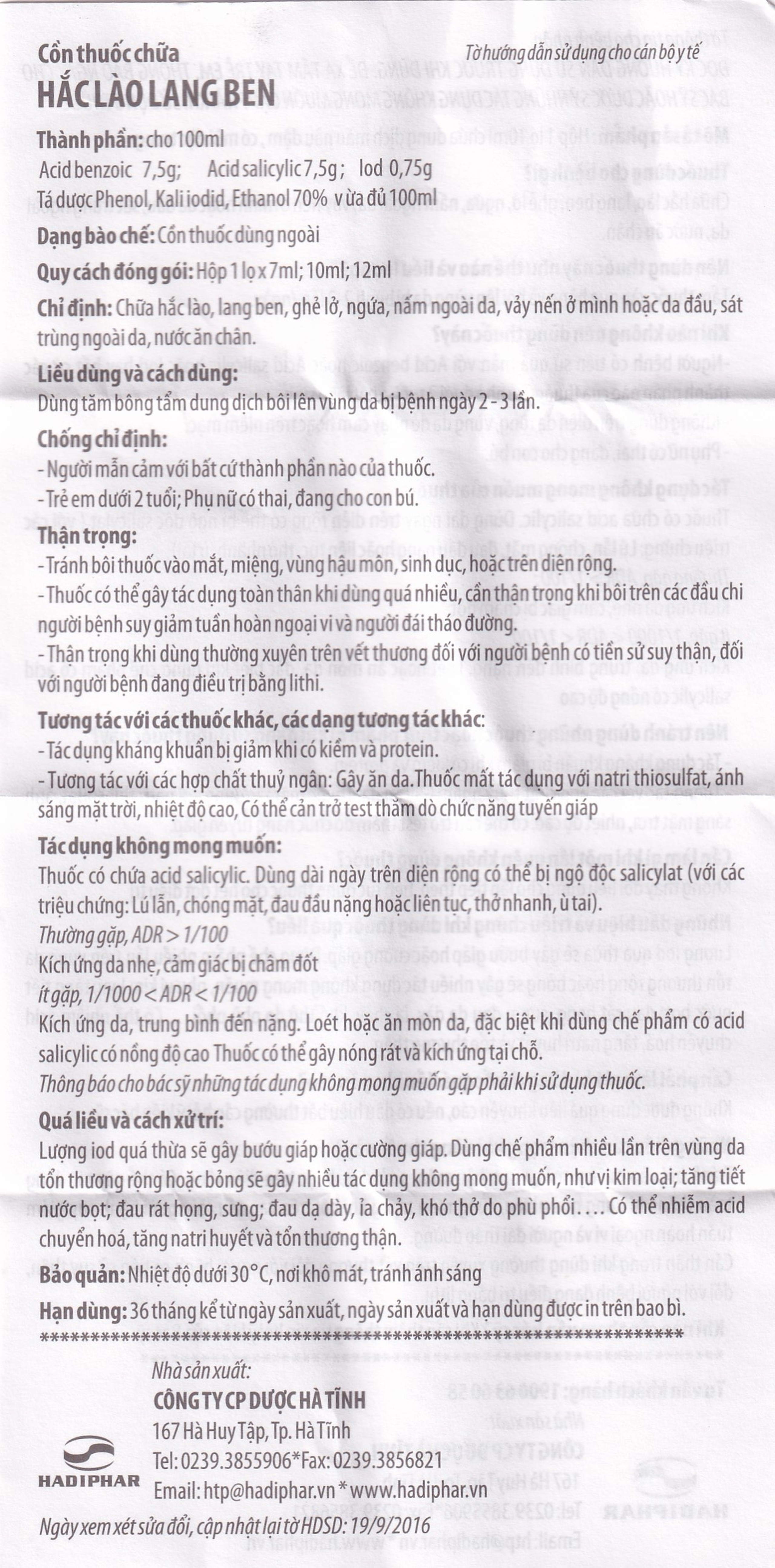 Cồn thuốc chữa Hắc Lào Lang Ben Hadiphar (10ml)