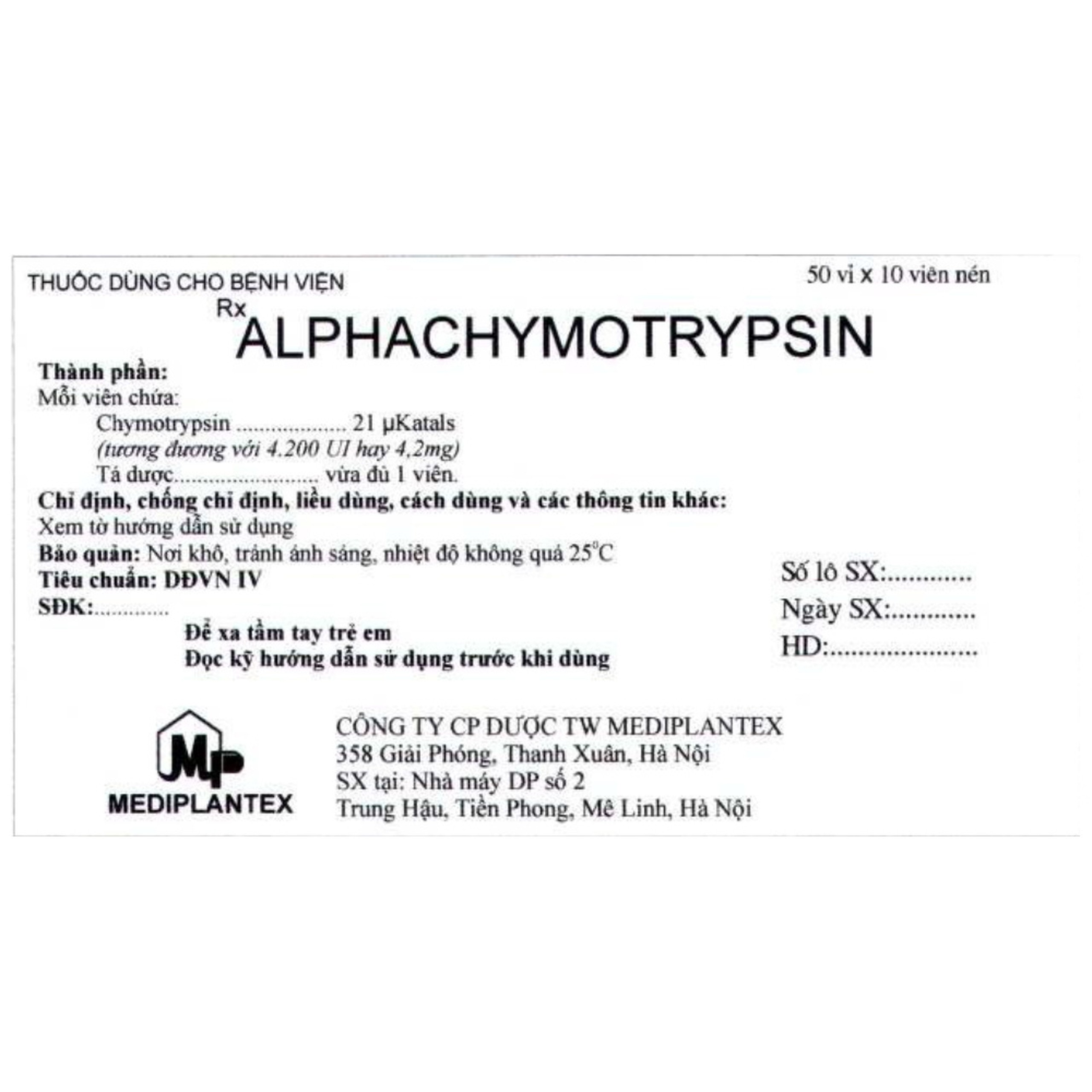 Thuốc Alphachymotrypsin Mediplantex điều trị phù nề, sưng do chấn thương, phẫu thuật (50 vỉ x 10 viên)