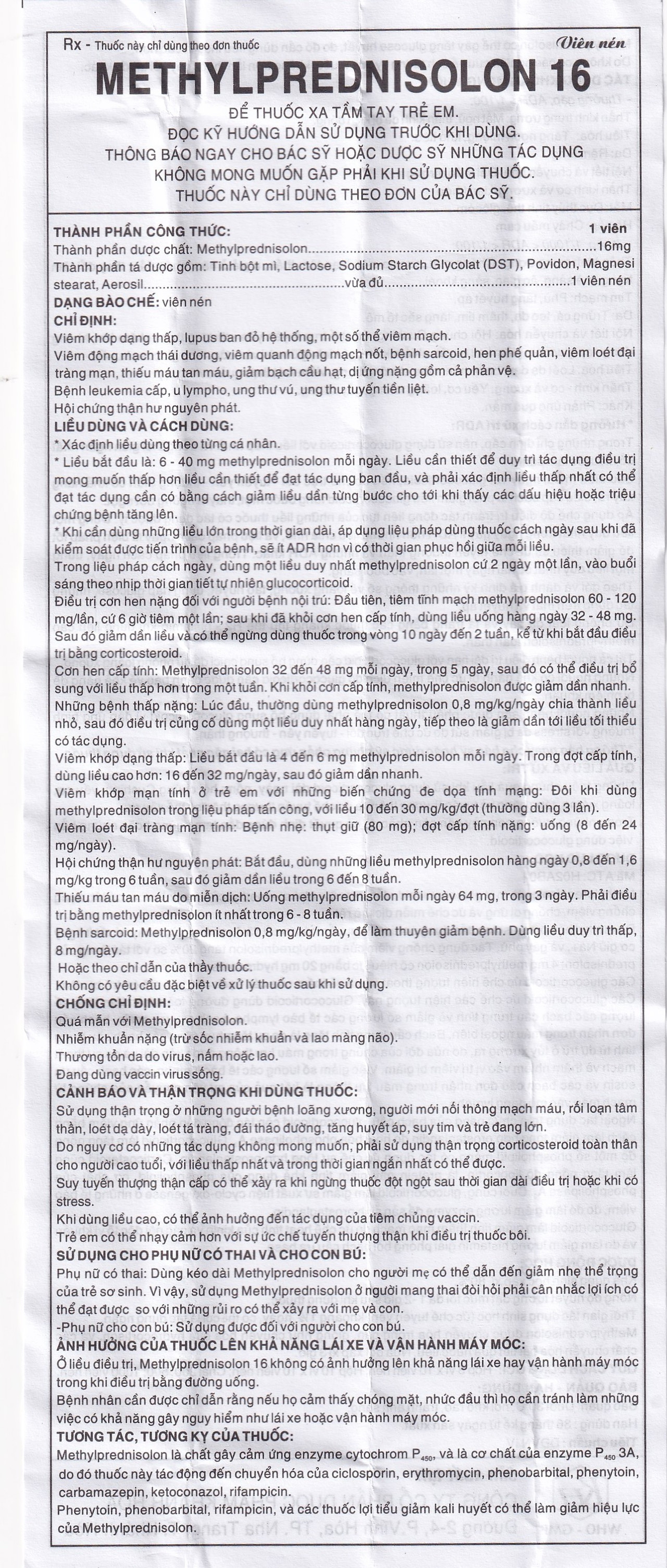Thuốc Methylprednisolon 16 Khapharco kháng viêm, điều trị viêm khớp dạng thấp, lupus ban đỏ hệ thống (10 vỉ x 10 viên)