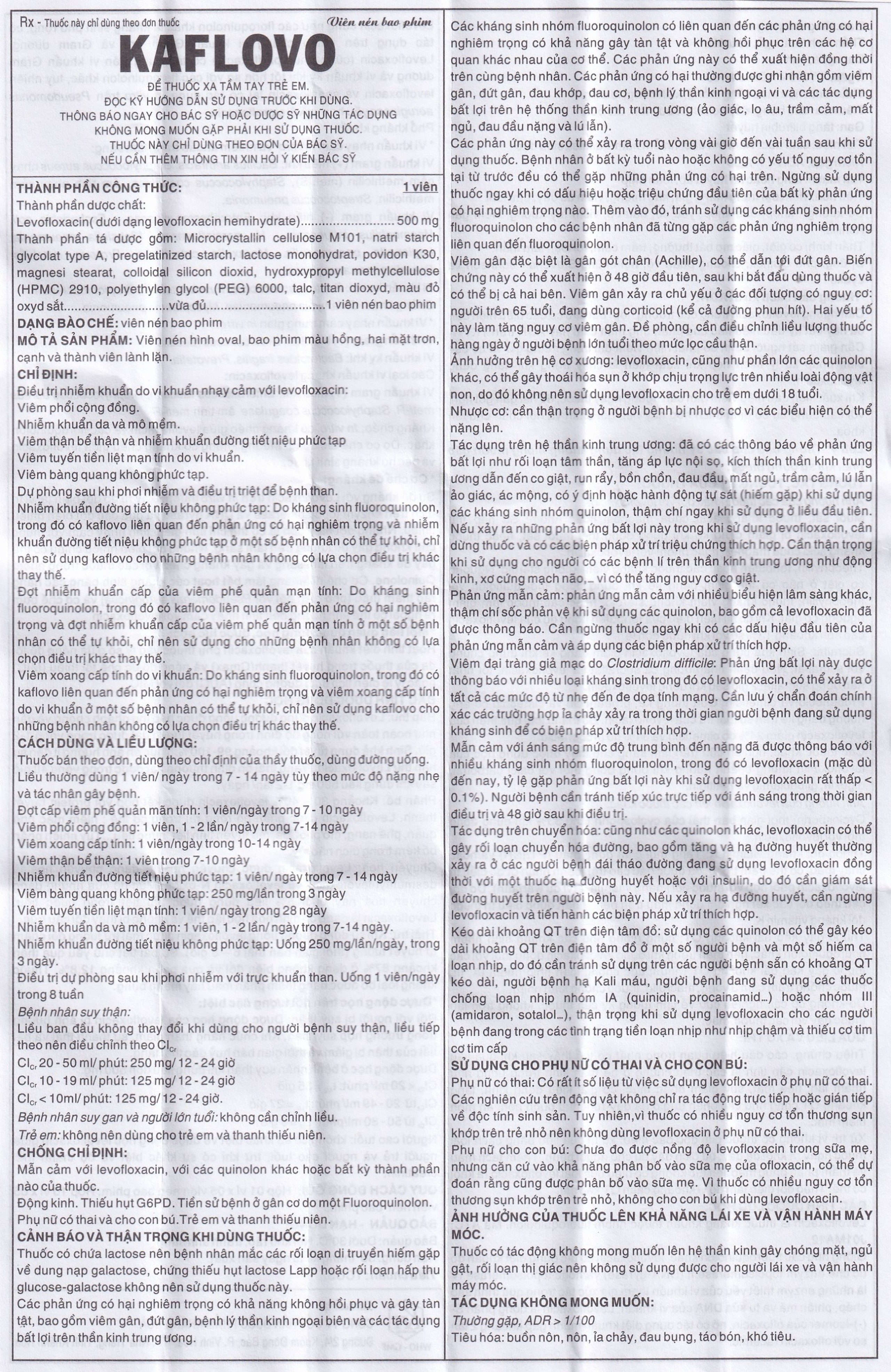Thuốc Kaflovo 500 Khapharco điều trị nhiễm khuẩn do vi khuẩn, viêm phổi, nhiễm khuẩn da (10 vỉ x 5 viên)