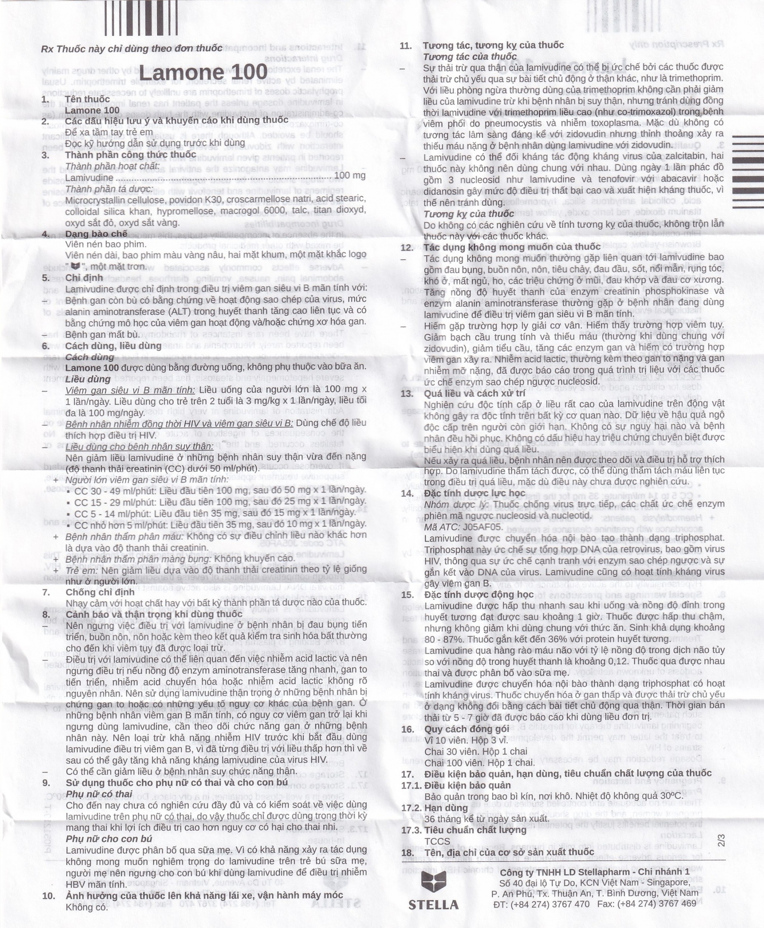 Thuốc Lamone 100 Stella điều trị viêm gan siêu vi B mãn tính (3 vỉ x 10 viên)