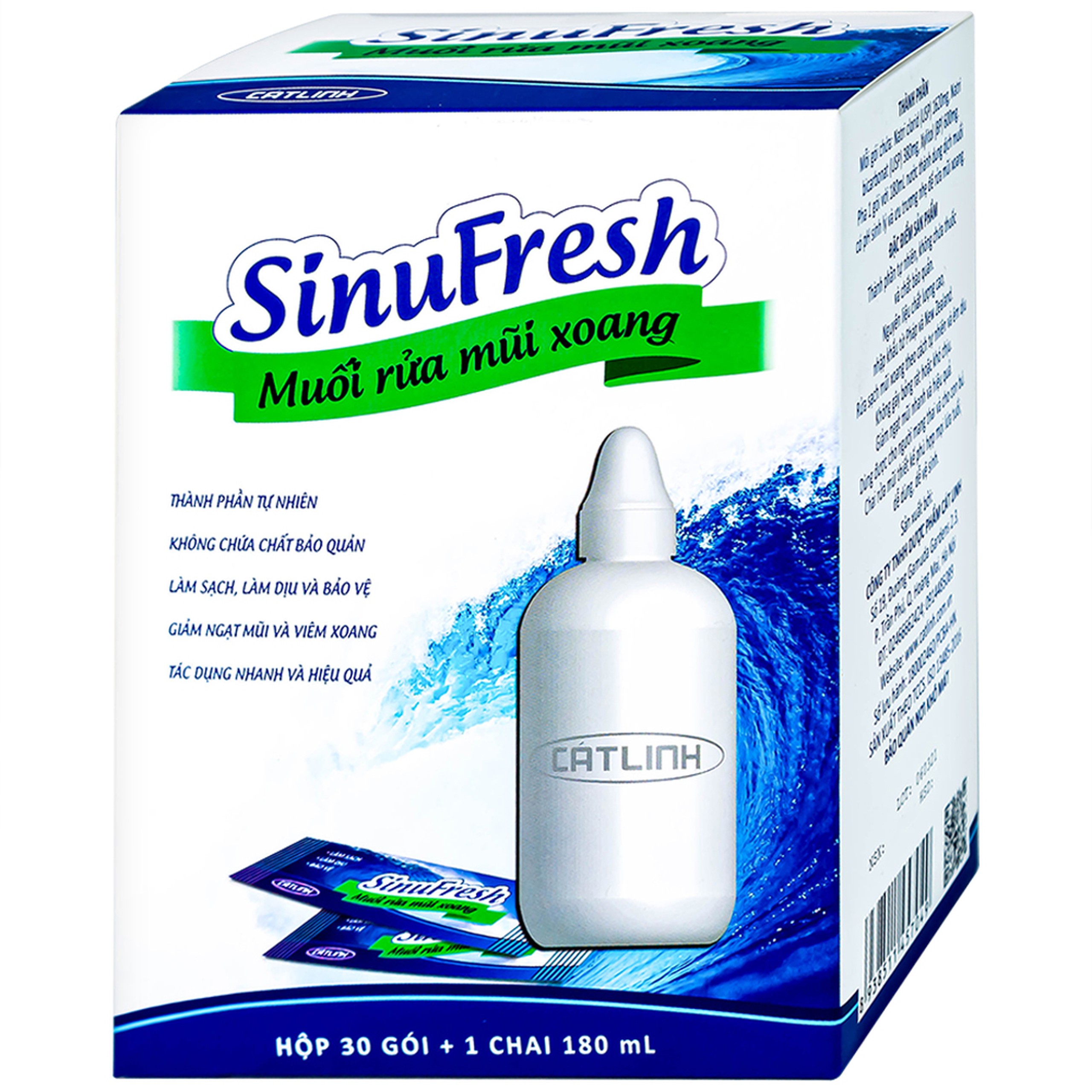 Muối rửa mũi xoang Sinufresh Cát Linh (30 gói và 1 chai 180ml) giúp làm sạch, giảm ngạt mũi, sổ mũi