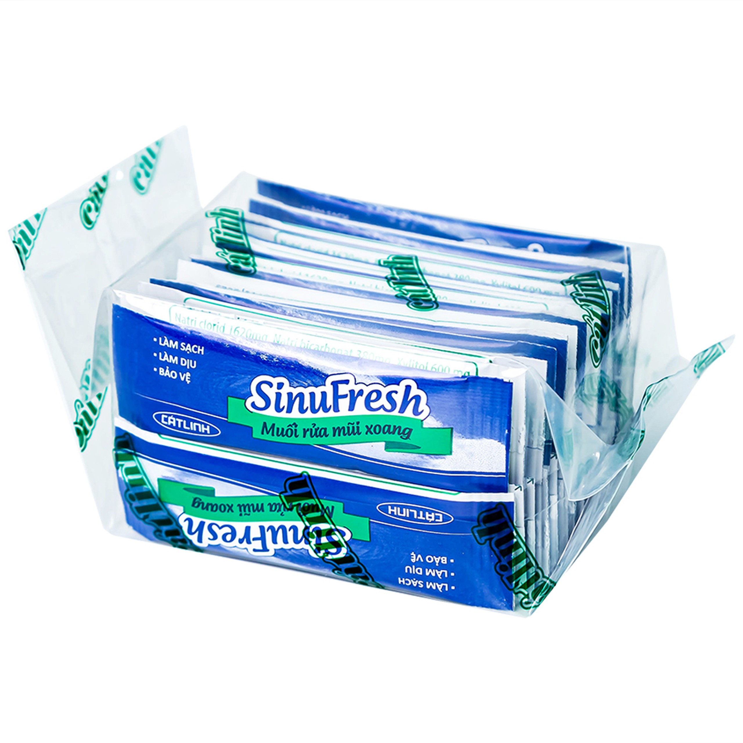 Muối rửa mũi xoang Sinufresh Cát Linh (30 gói và 1 chai 180ml) giúp làm sạch, giảm ngạt mũi, sổ mũi