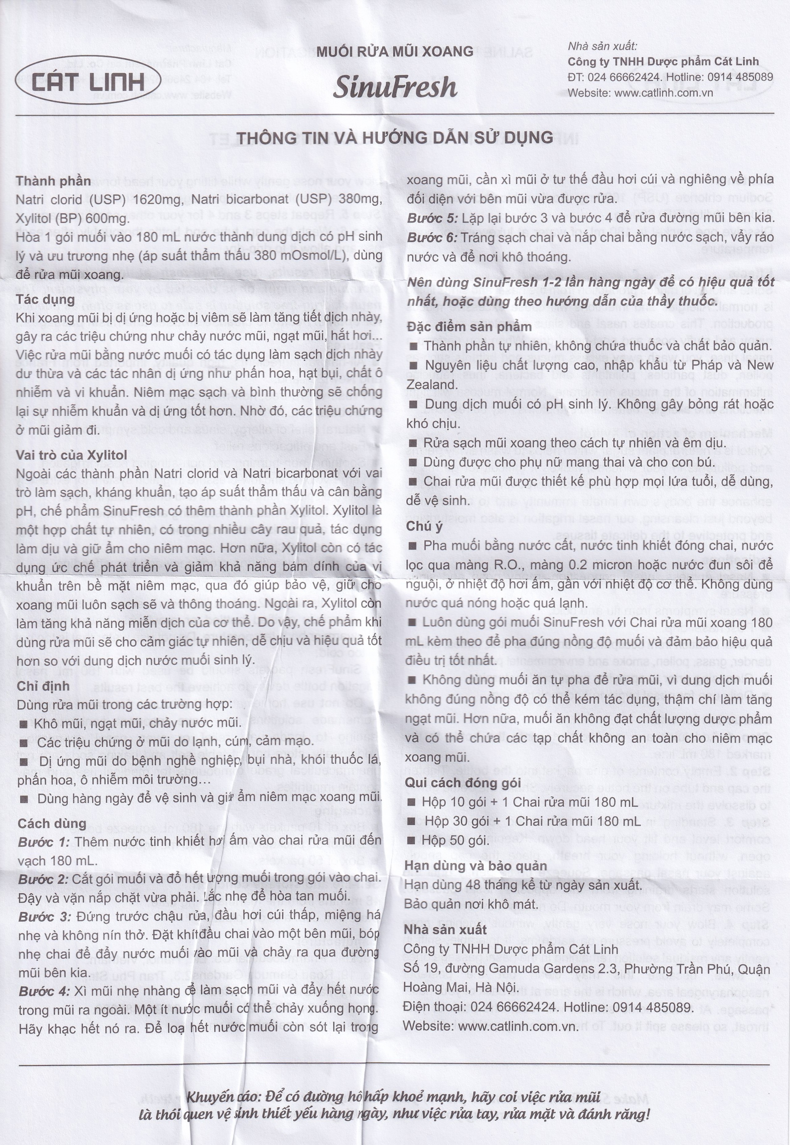 Muối rửa mũi xoang Sinufresh Cát Linh (30 gói và 1 chai 180ml) giúp làm sạch, giảm ngạt mũi, sổ mũi