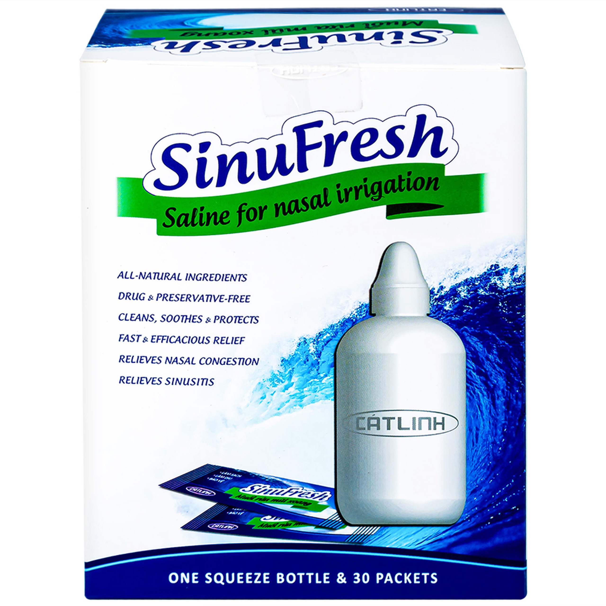 Muối rửa mũi xoang Sinufresh Cát Linh (30 gói và 1 chai 180ml) giúp làm sạch, giảm ngạt mũi, sổ mũi