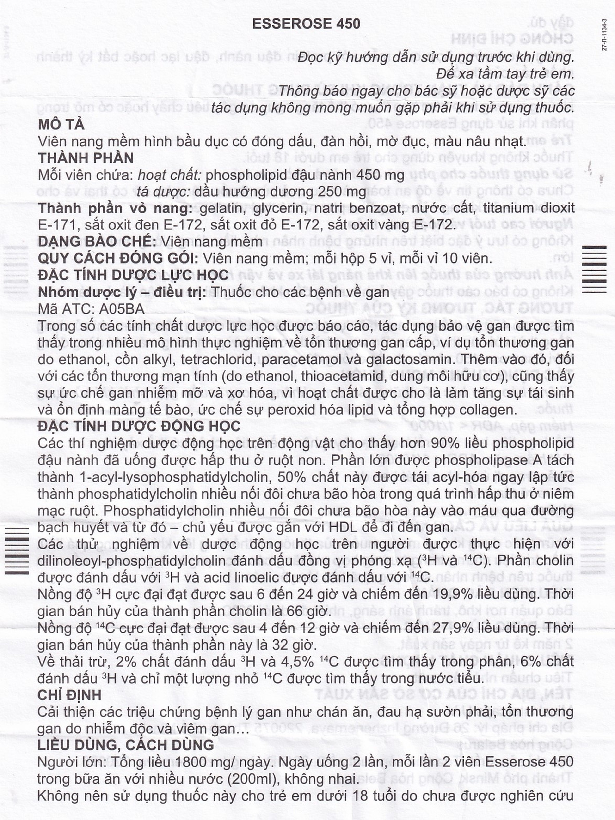 Thuốc Esserose 450 Minskintercaps cải thiện các triệu chứng bệnh lý gan (5 vỉ x 10 viên)