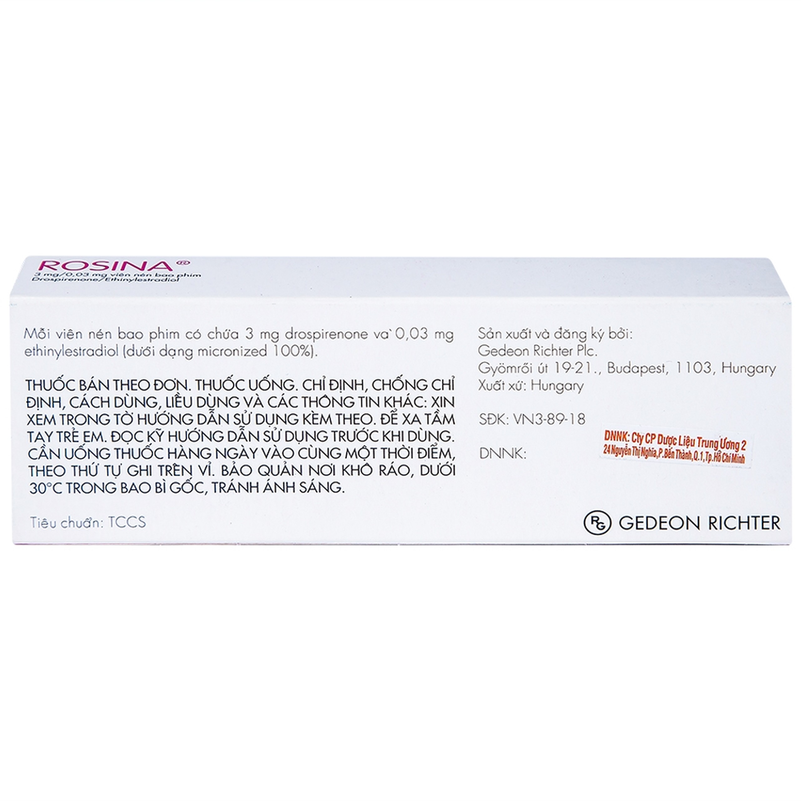 Thuốc Rosina 3mg/0.03mg Gedeon dùng để tránh thai (1 vỉ x 21 viên)