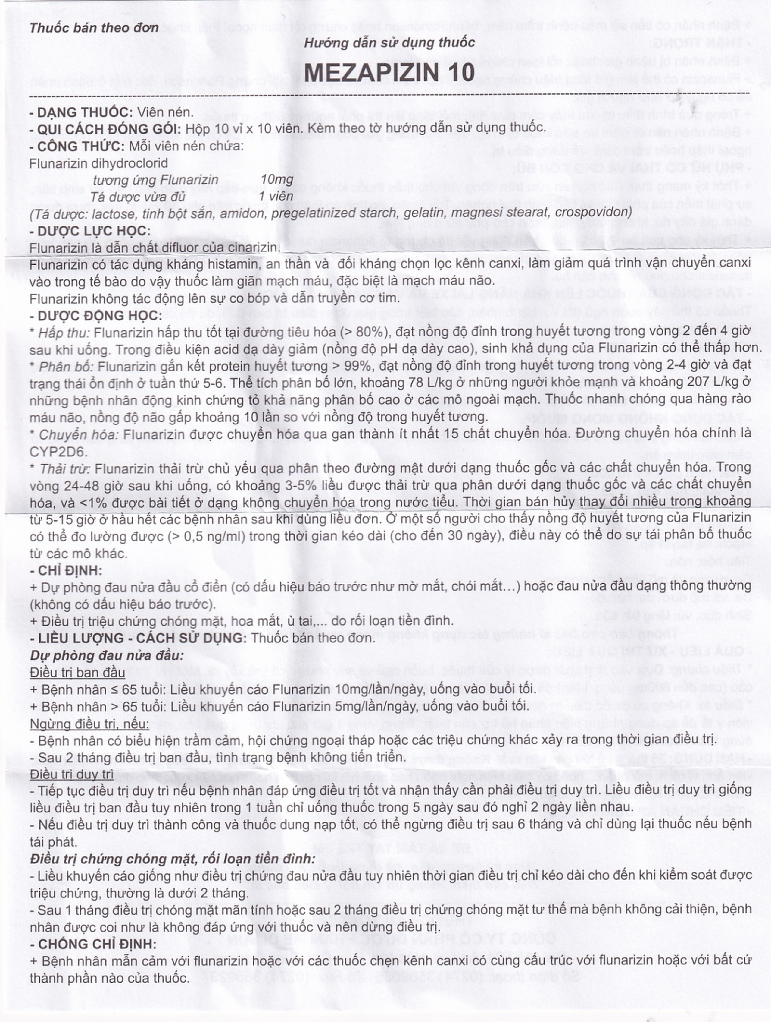 Viên nén Mezapizin 10 Medisun điều trị đau nửa đầu (10 vỉ x 10 viên)