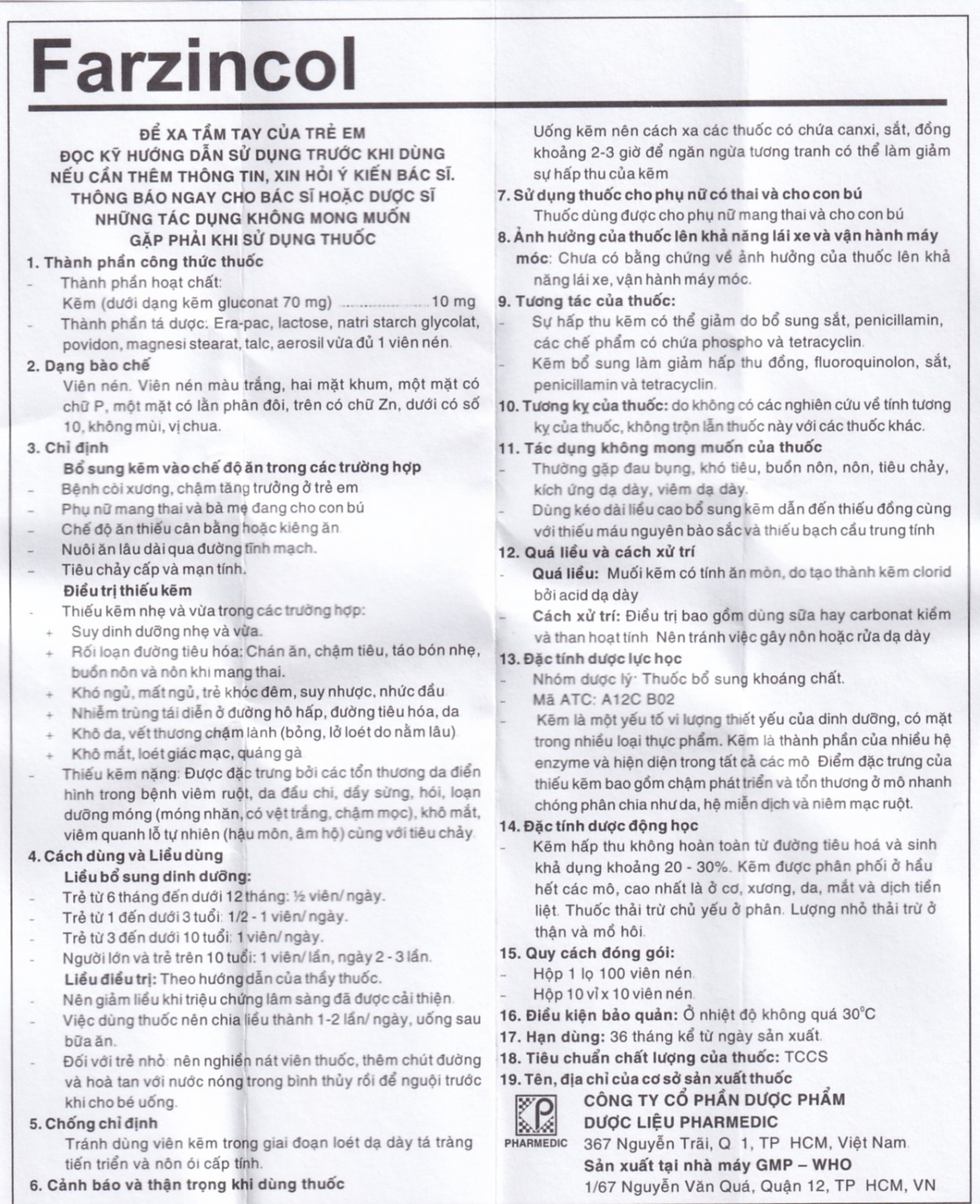 Thuốc Farzincol Pharmedic điều trị thiếu kẽm (100 viên)