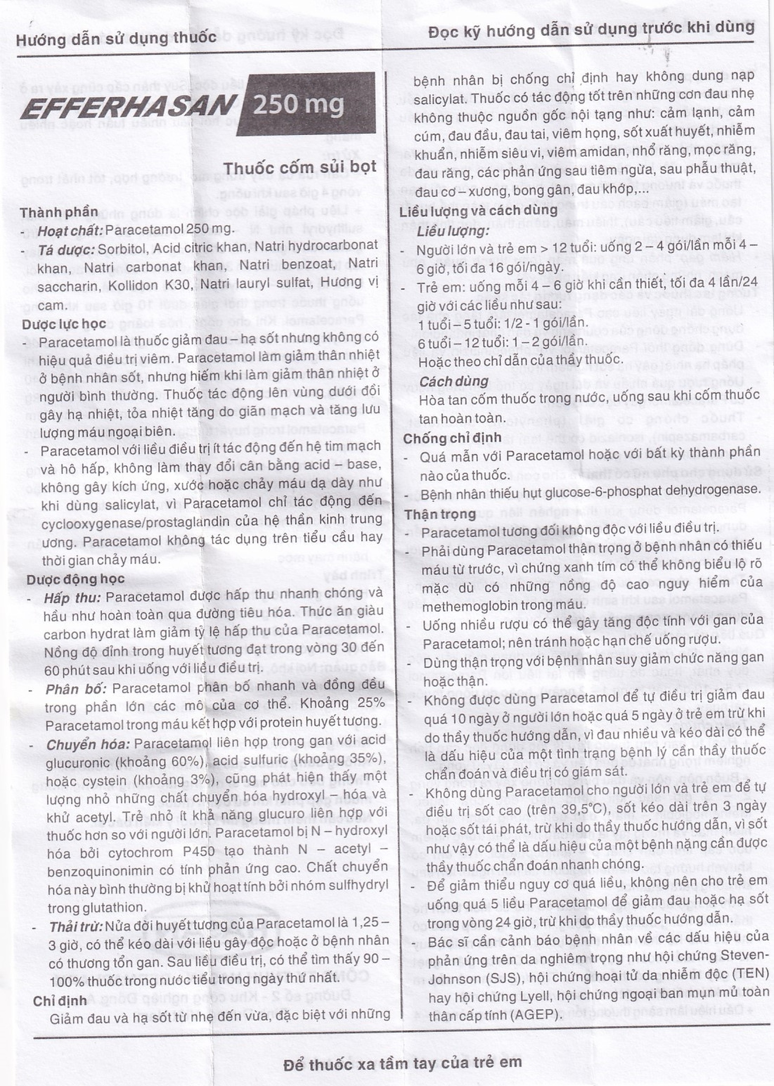 Bột sủi EfferHasan 250mg giảm đau, hạ sốt (30 gói)