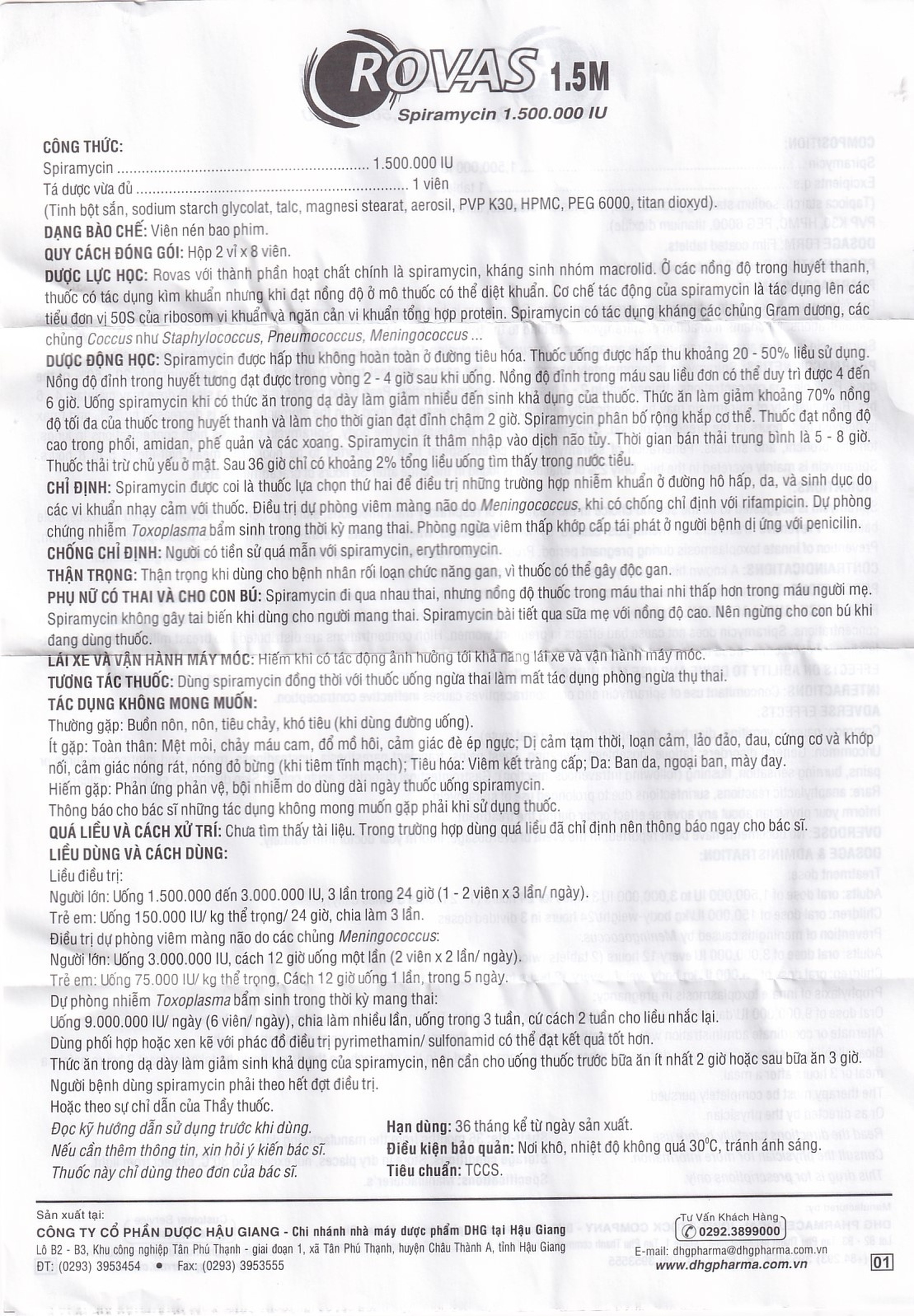 Thuốc Rovas 1.5M IU DHG điều trị nhiễm khuẩn đường hô hấp, da (2 vỉ x 8 viên) 