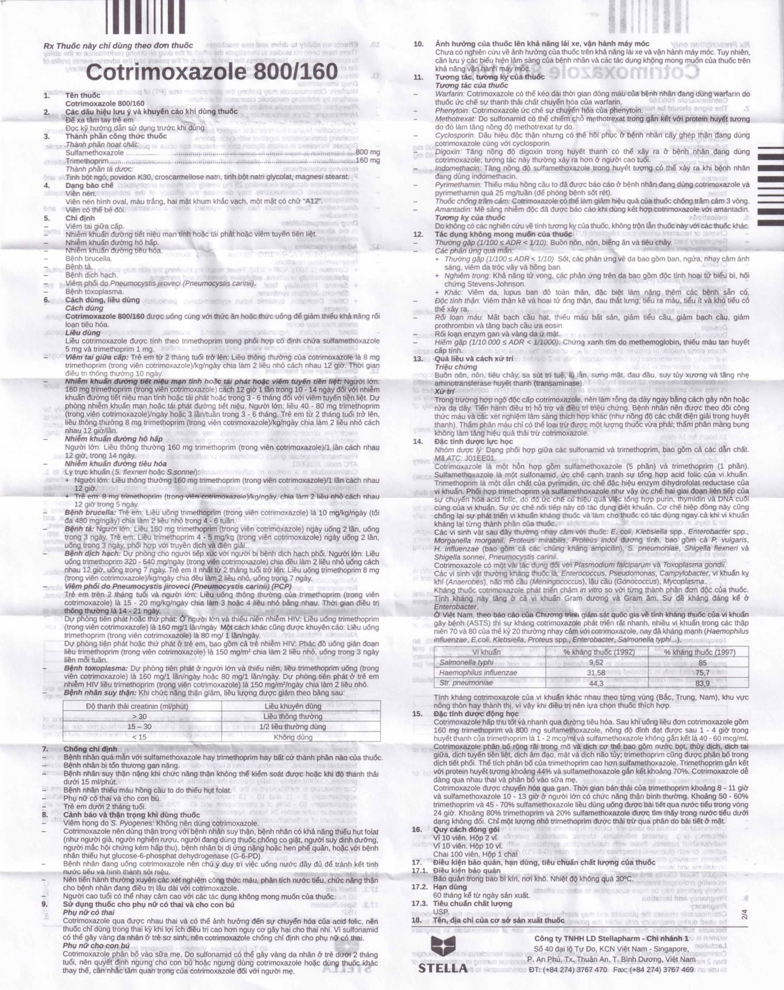 Thuốc Cotrimxazon 960 điều trị nhiễm khuẩn (10 vỉ x 10 viên)
