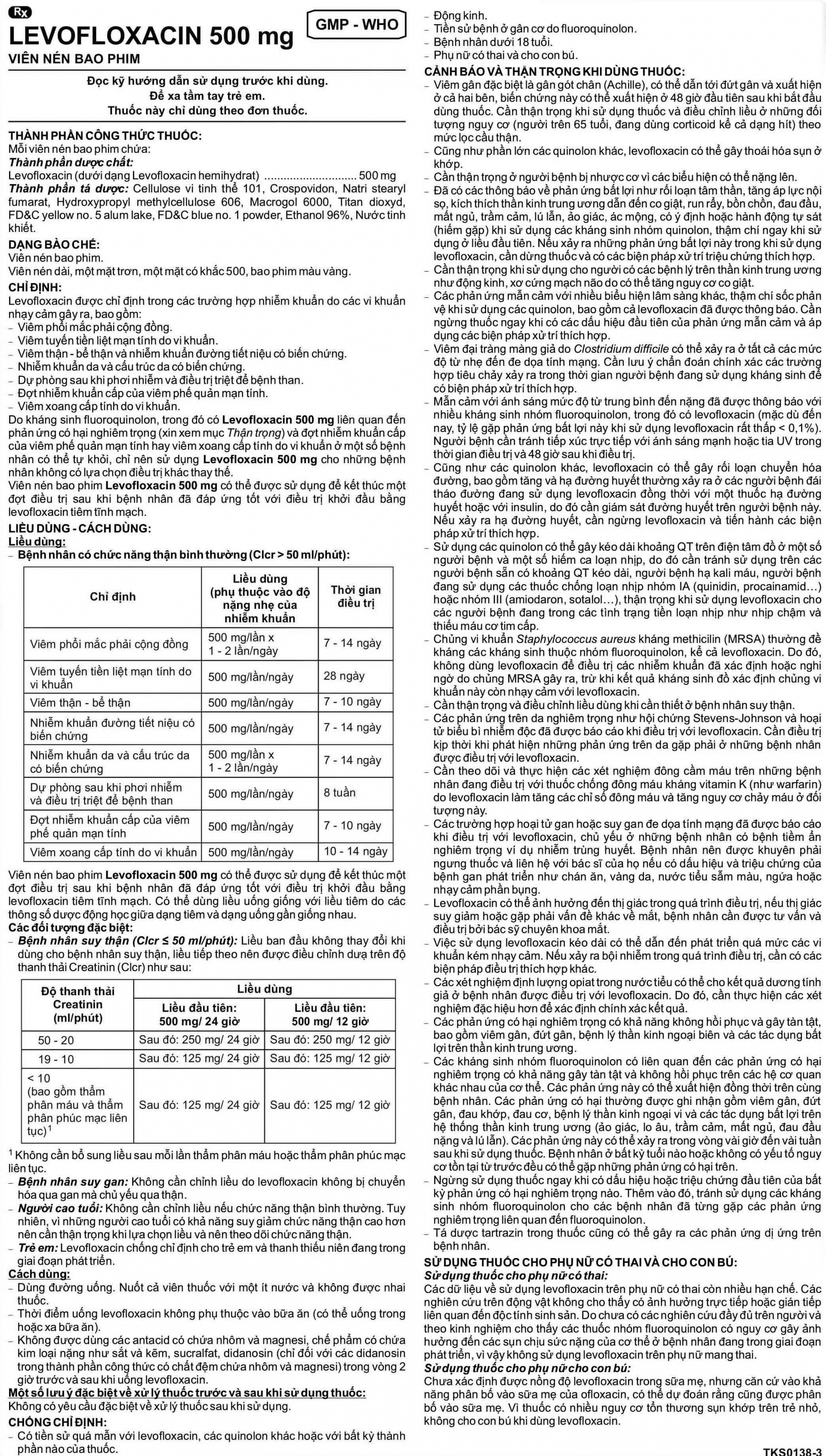 Thuốc Levofloxacin 500mg Imexpharm điều trị viêm phổi, viêm tuyến tiền liệt, viêm thận (1 vỉ x 10 viên)