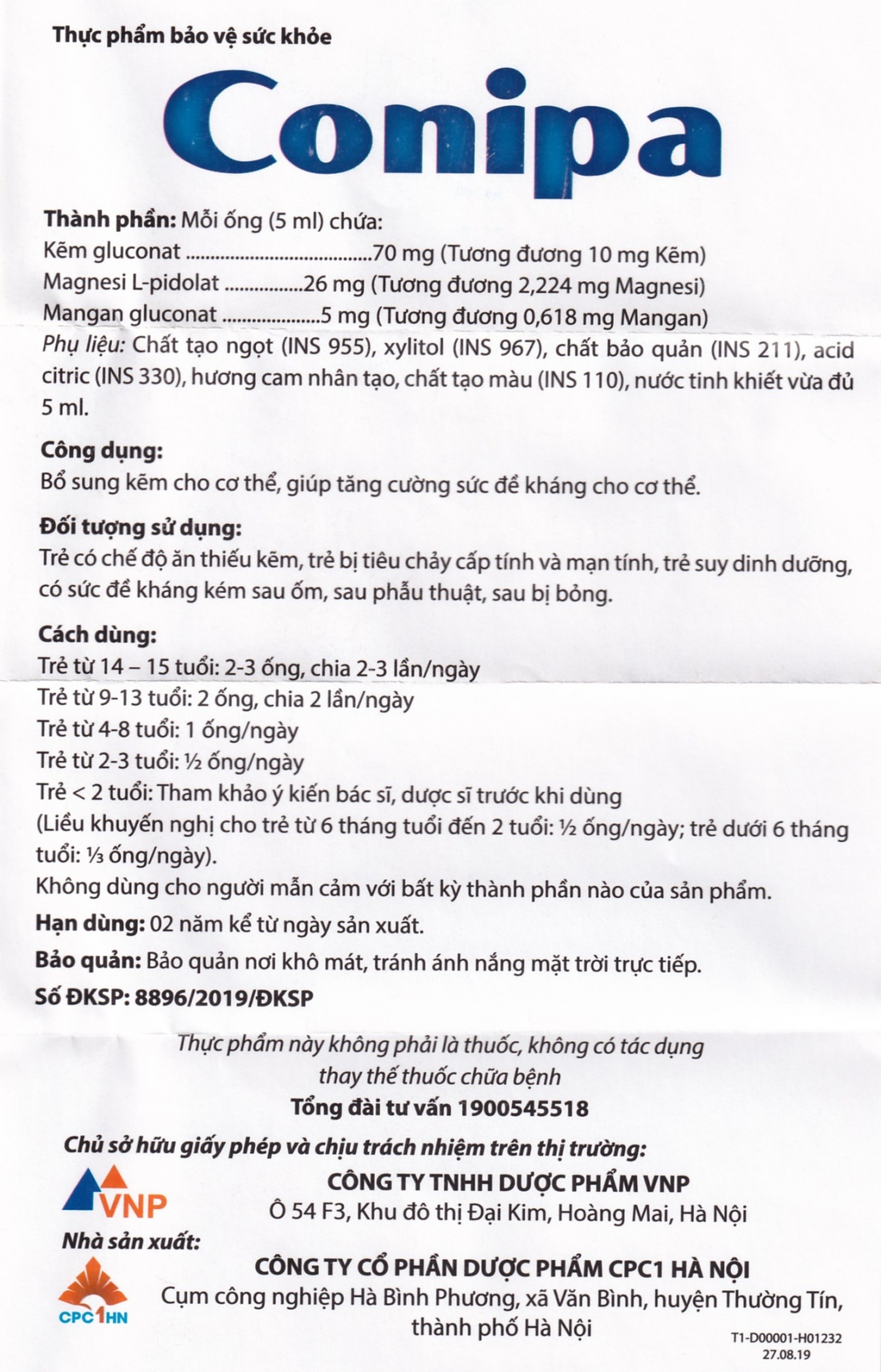 Dung dịch bổ sung kẽm Conipa CPC1 Hà Nội (4 vỉ x 5 ống)