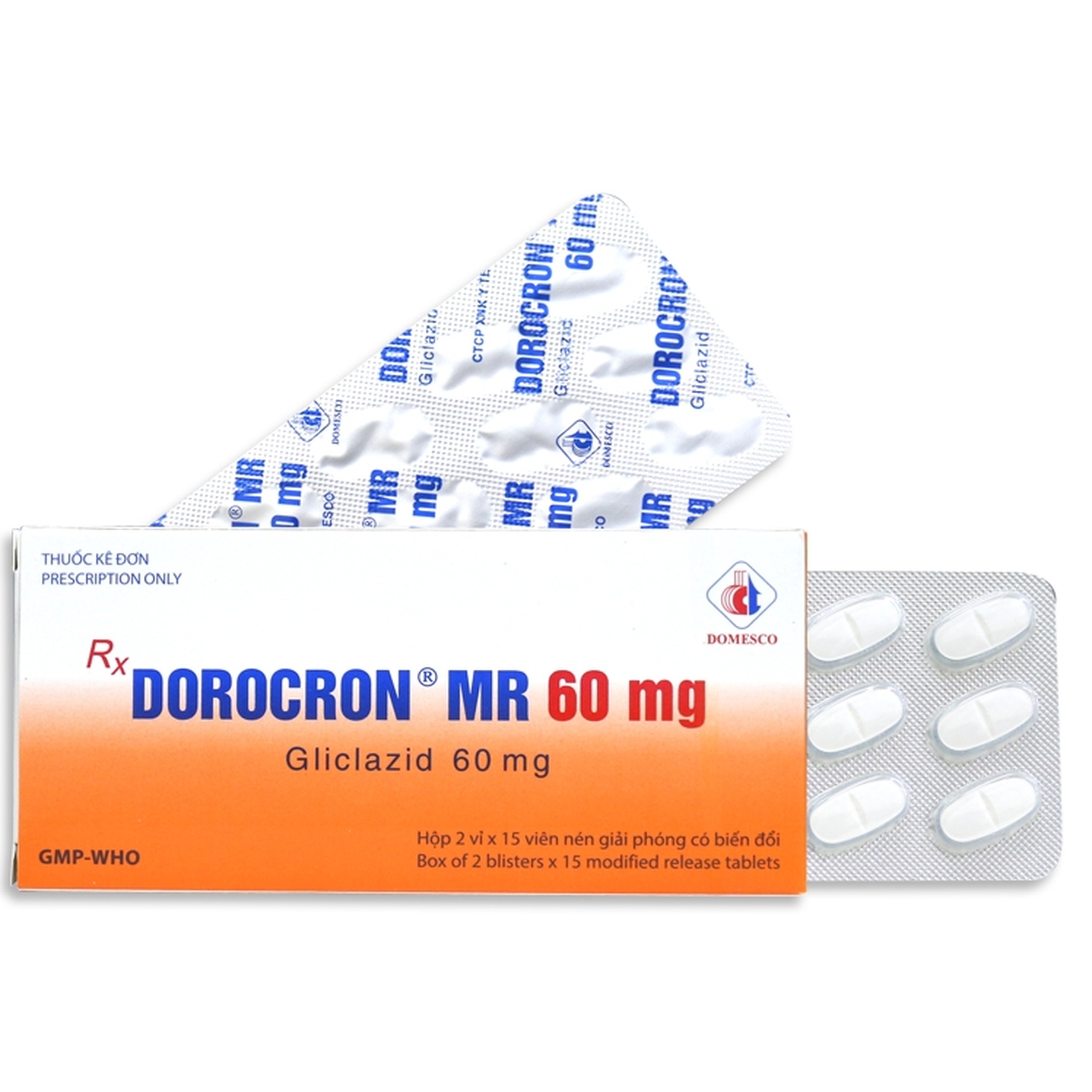 Thuốc Dorocron MR 60mg Domesco điều trị đái tháo đường típ 2 (2 vỉ x 15 viên)