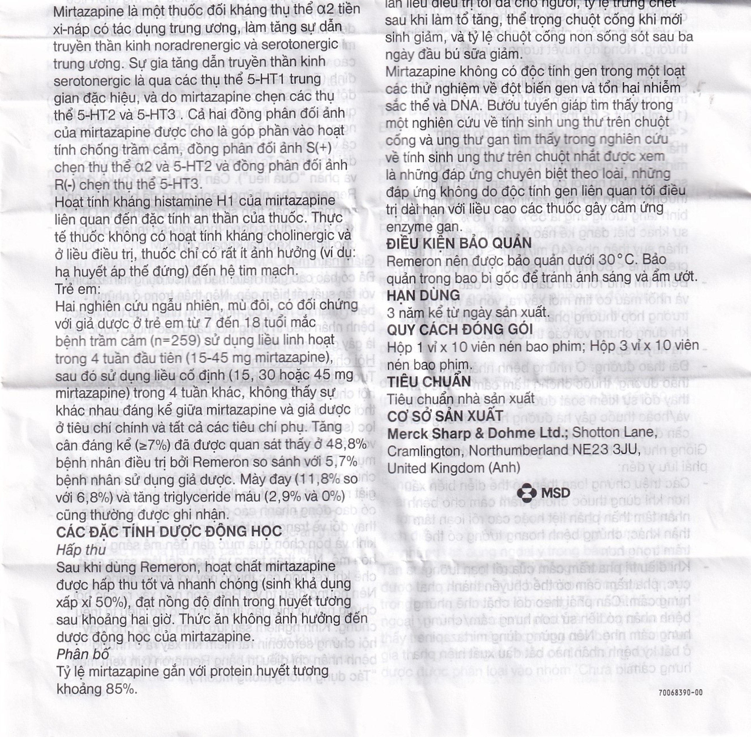 Thuốc Remeron 30mg MSD điều trị các đợt của trầm cảm nặng (3 vỉ x 10 viên)