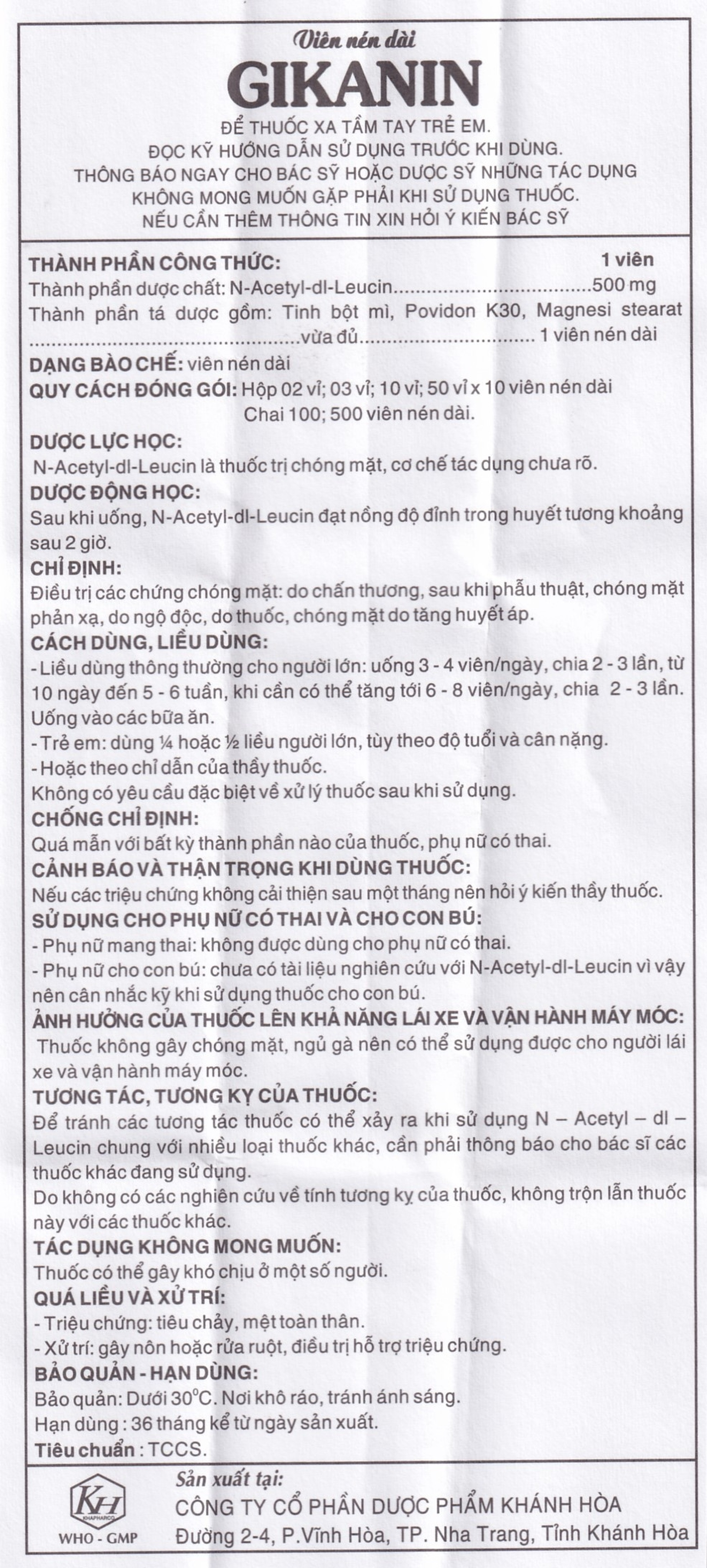 Thuốc Gikanin 500mg Khapharco điều trị chứng chóng mặt (10 vỉ x 10 viên)