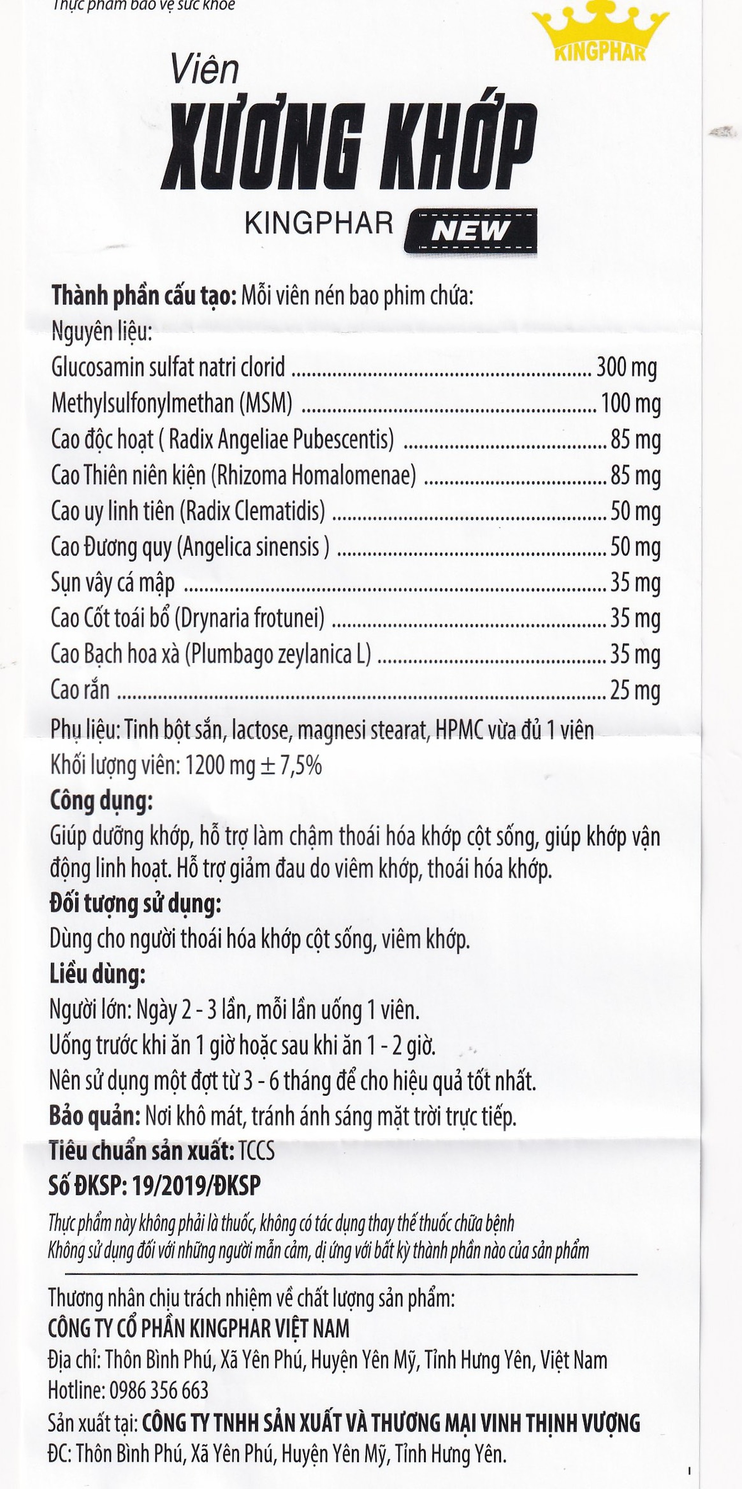 Viên uống giúp dưỡng khớp, hỗ trợ giảm đau do viêm khớp, thoái hóa khớp Xương Khớp Kingphar New (60 viên)