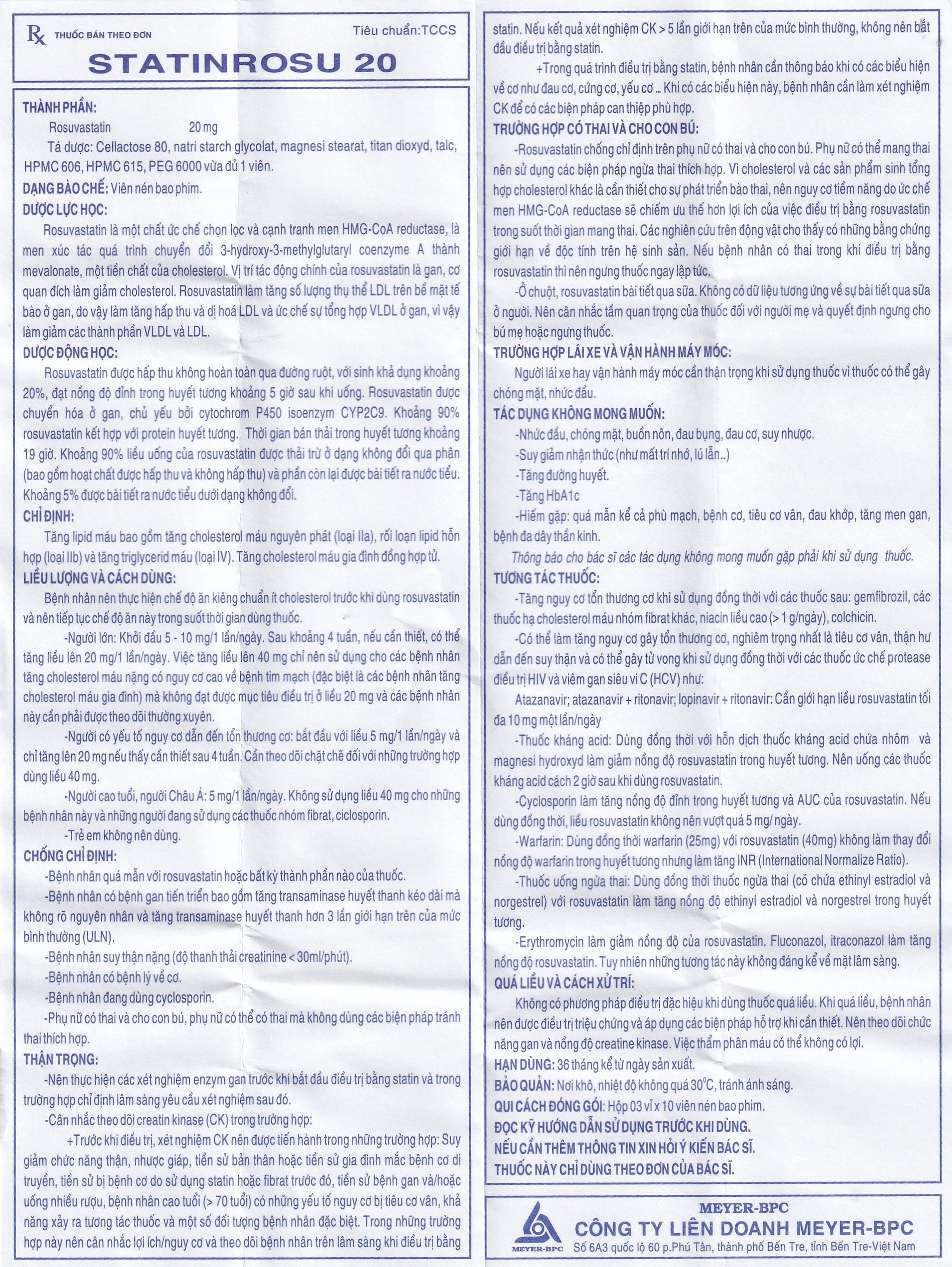 Thuốc Statinrosu 20 Meyer điều trị tăng cholesterol máu nguyên phát (3 vỉ x 10 viên)
