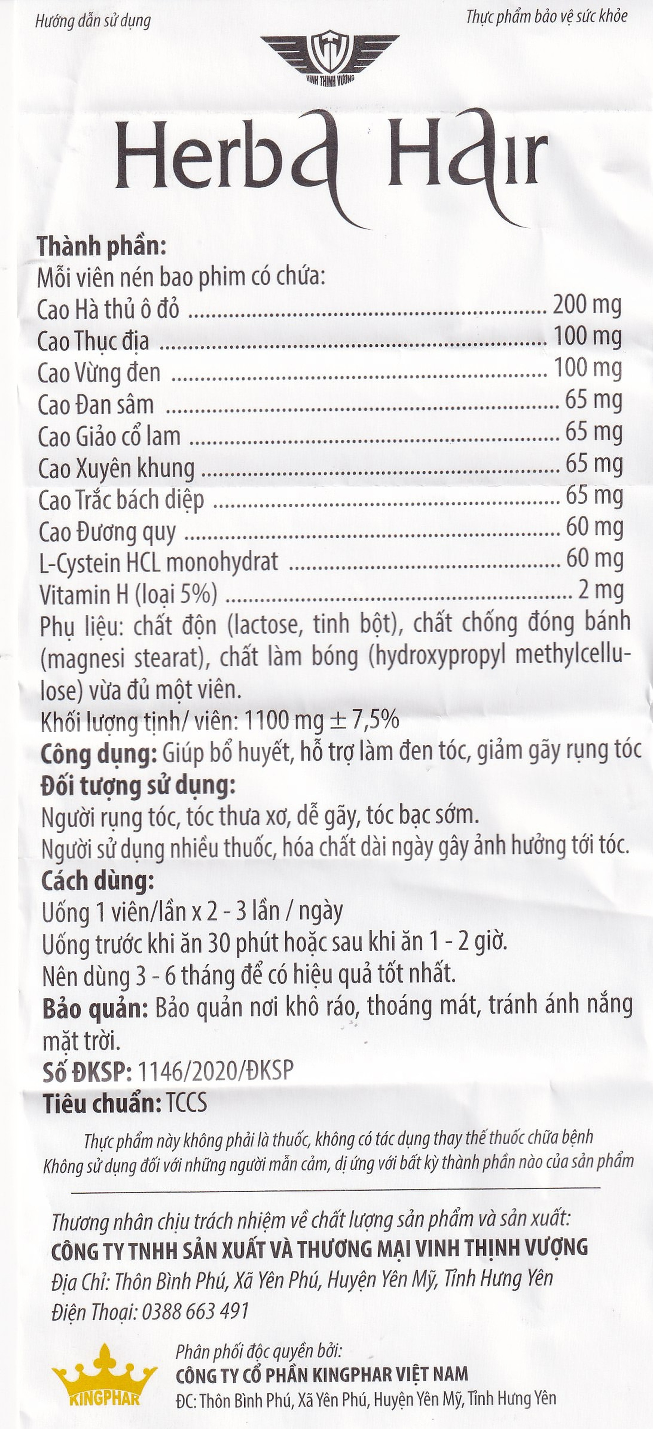 Viên uống Herba Hair Kingphar bổ huyết, hỗ trợ làm đen tóc (60 viên)