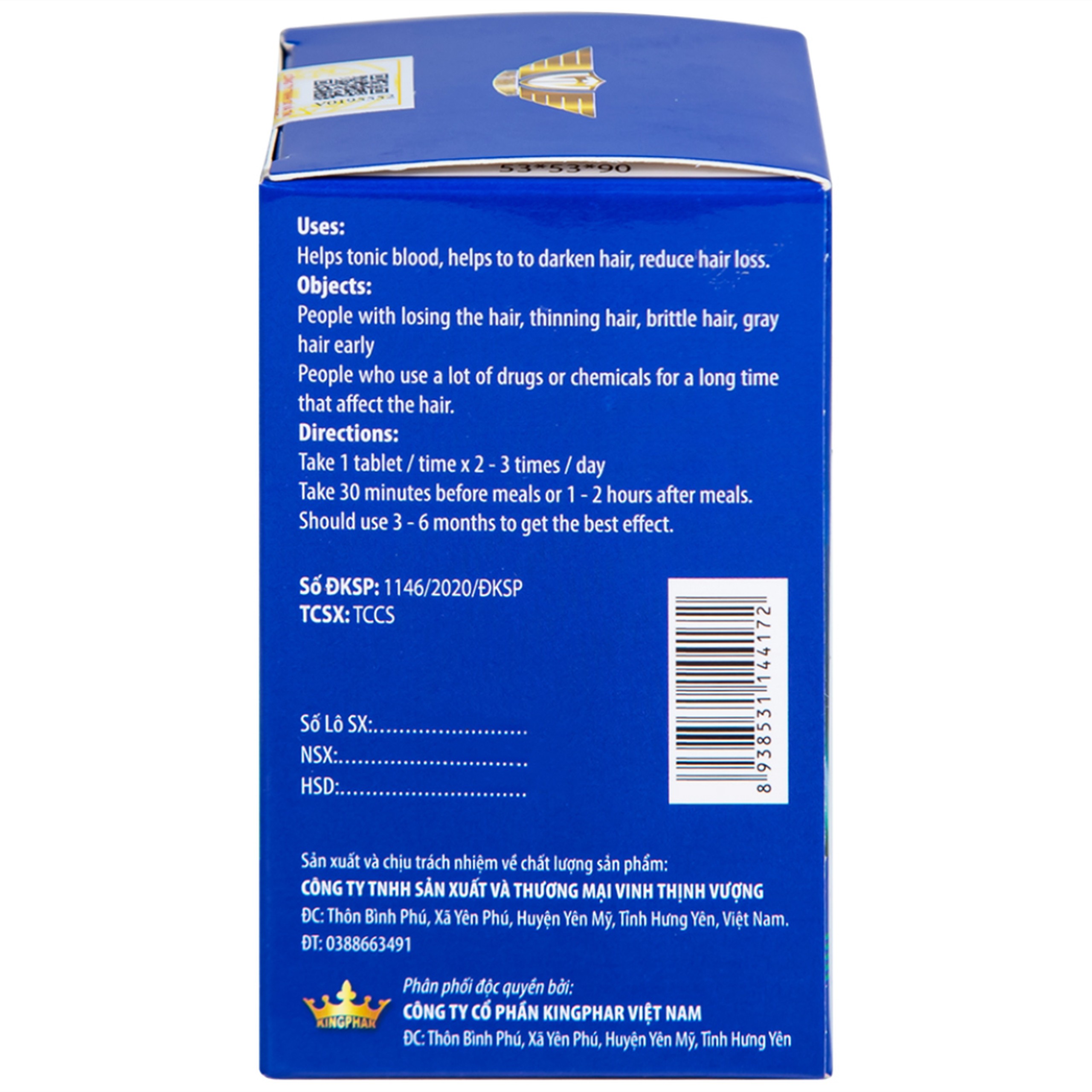 Viên uống Herba Hair Kingphar bổ huyết, hỗ trợ làm đen tóc (60 viên)