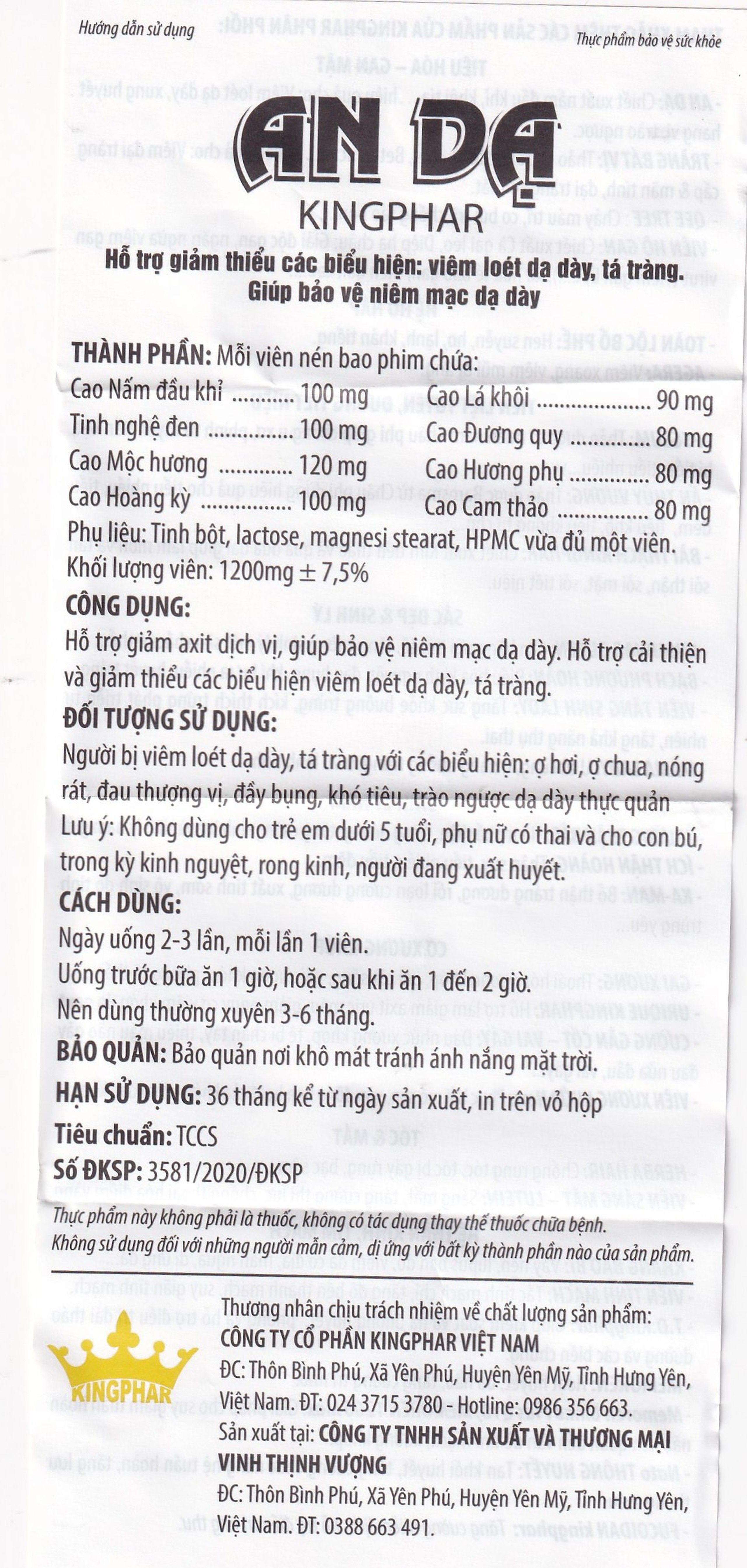 Viên uống An Dạ Kingphar hỗ trợ giảm chứng đau rát vùng thượng vị, xung huyết hang vị (60 viên)