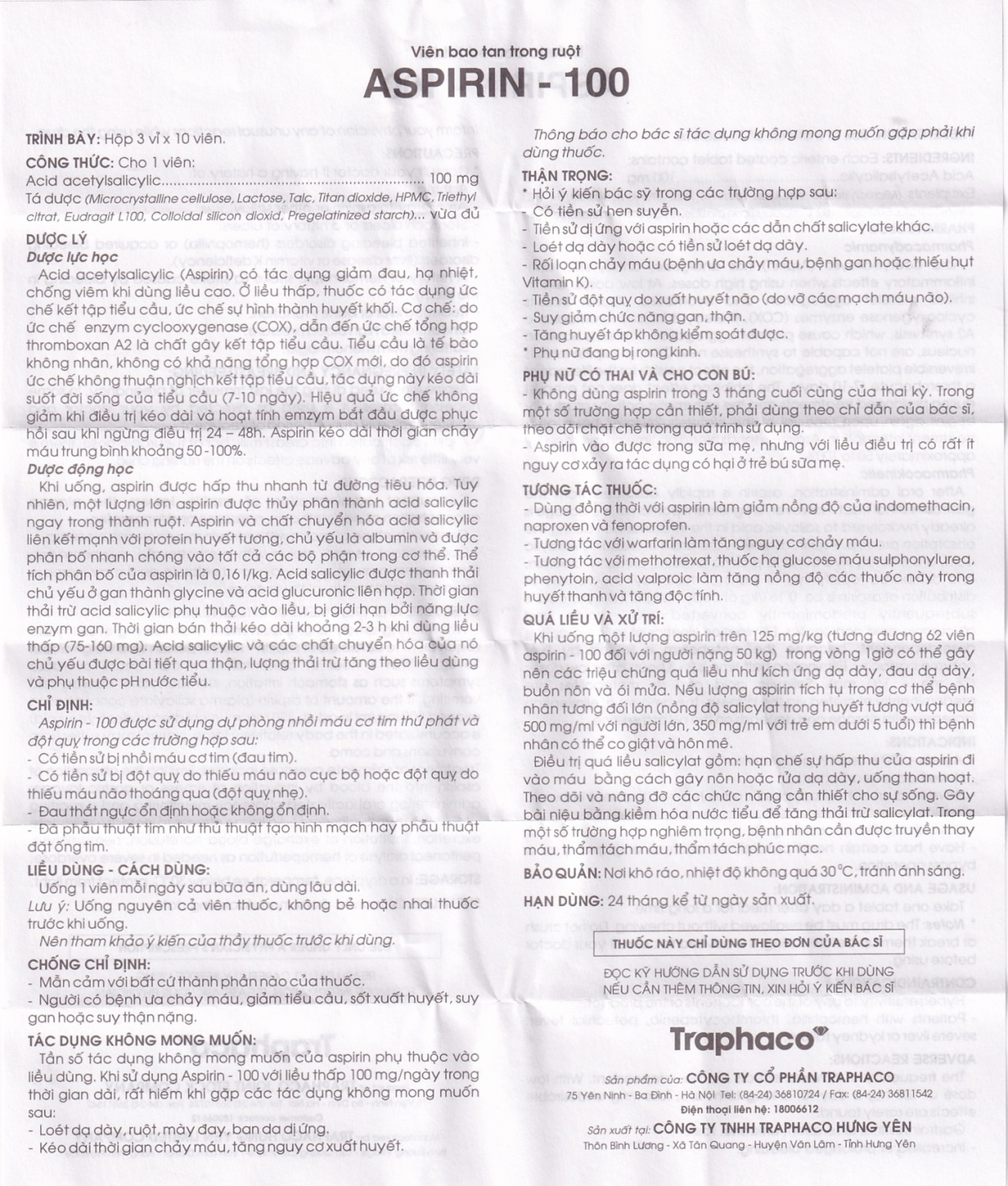 Thuốc Aspirin 100mg Traphaco phòng ngừa nhồi máu cơ tim, đột quỵ (3 vỉ x 10 viên)