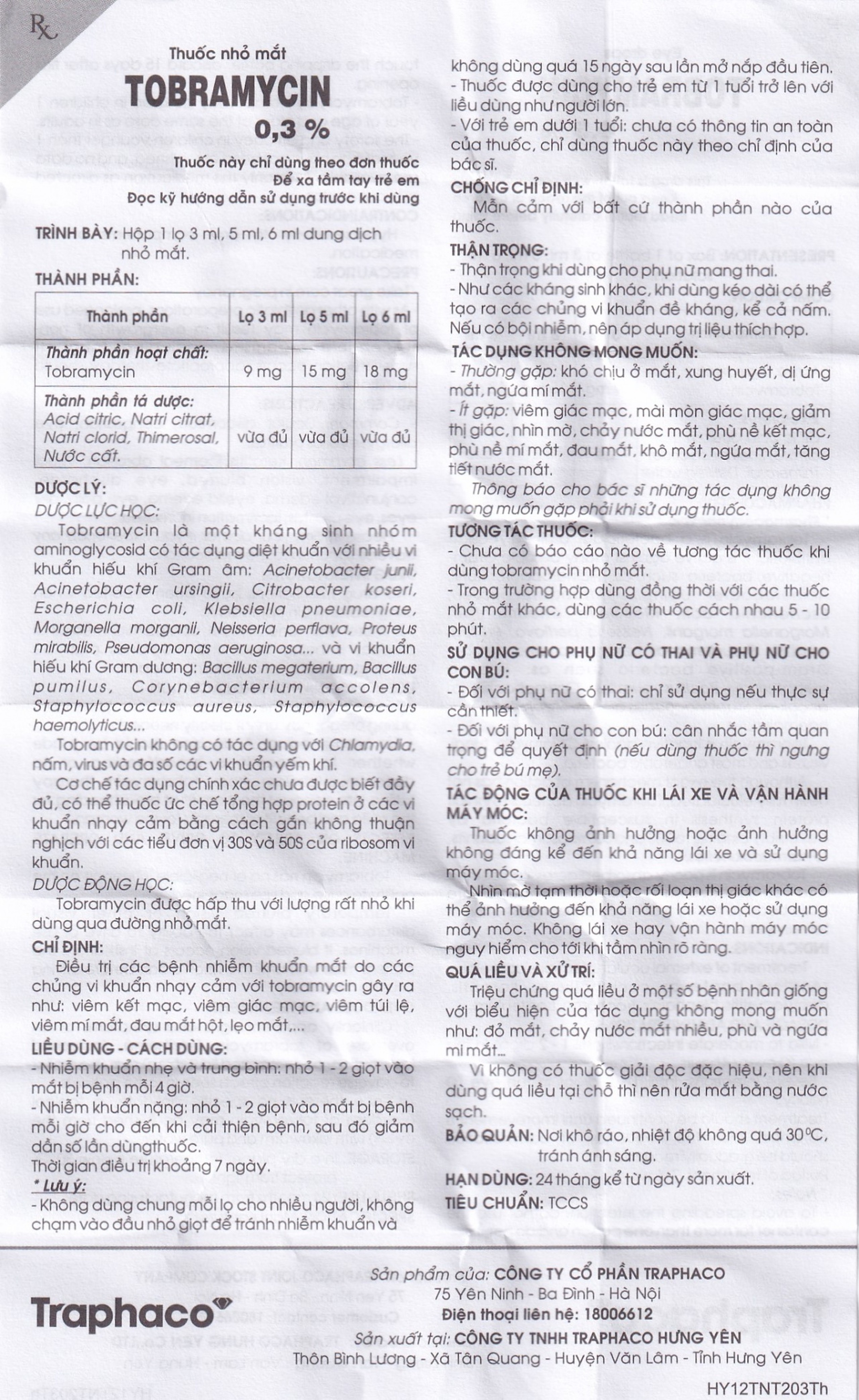 Thuốc nhỏ mắt Tobramycin 0,3% Traphaco điều trị nhiễm khuẩn mắt (6ml)