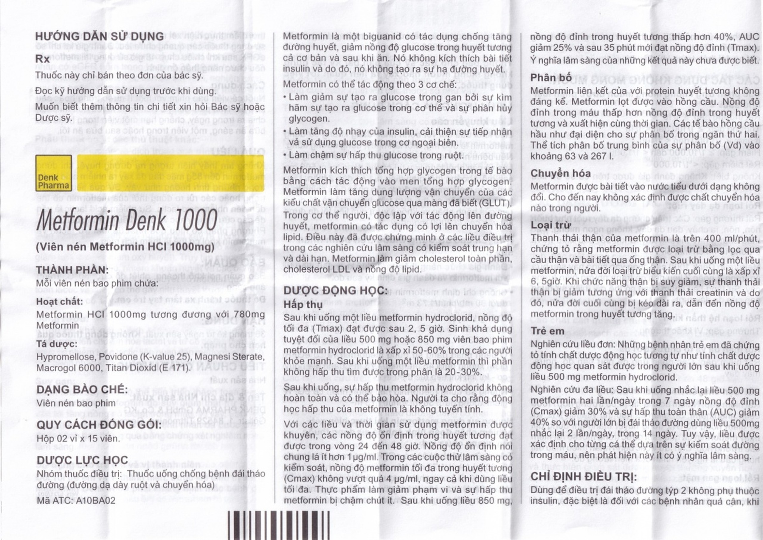Viên nén Metformin Denk 1000 điều trị đái tháo đường típ 2 (2 vỉ x 15 viên)
