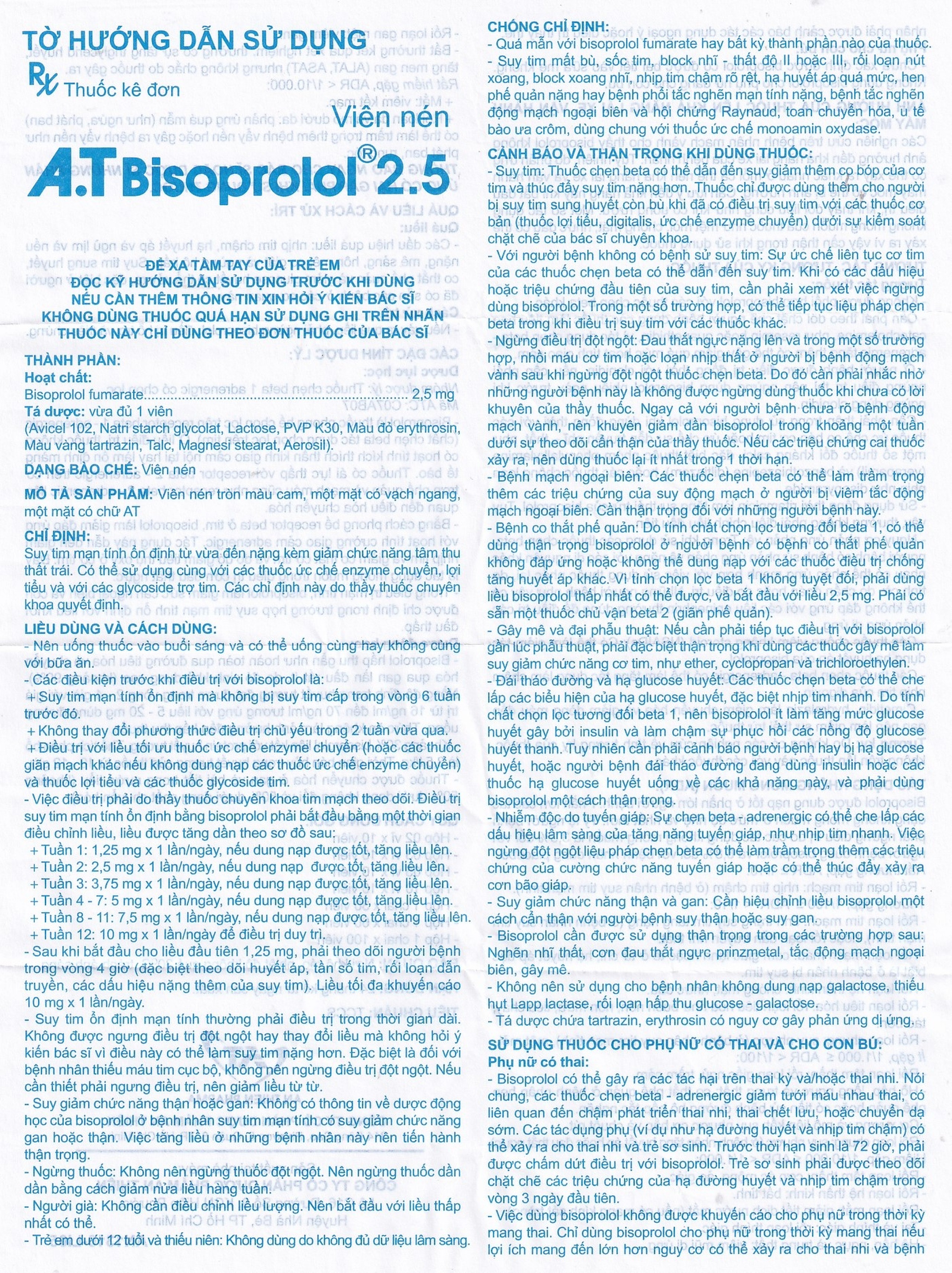 Thuốc A.T Bisoprolol 2.5mg An Thiên điều trị suy tim mạn tính ổn định (10 vỉ x 10 viên)