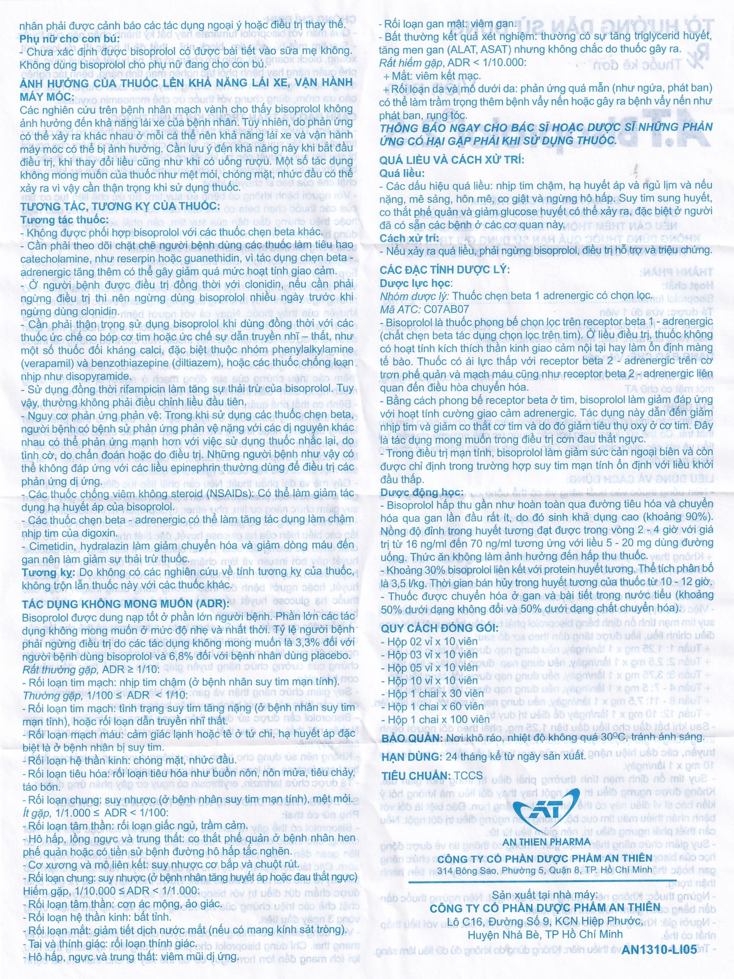 Thuốc A.T Bisoprolol 2.5mg An Thiên điều trị suy tim mạn tính ổn định (10 vỉ x 10 viên)