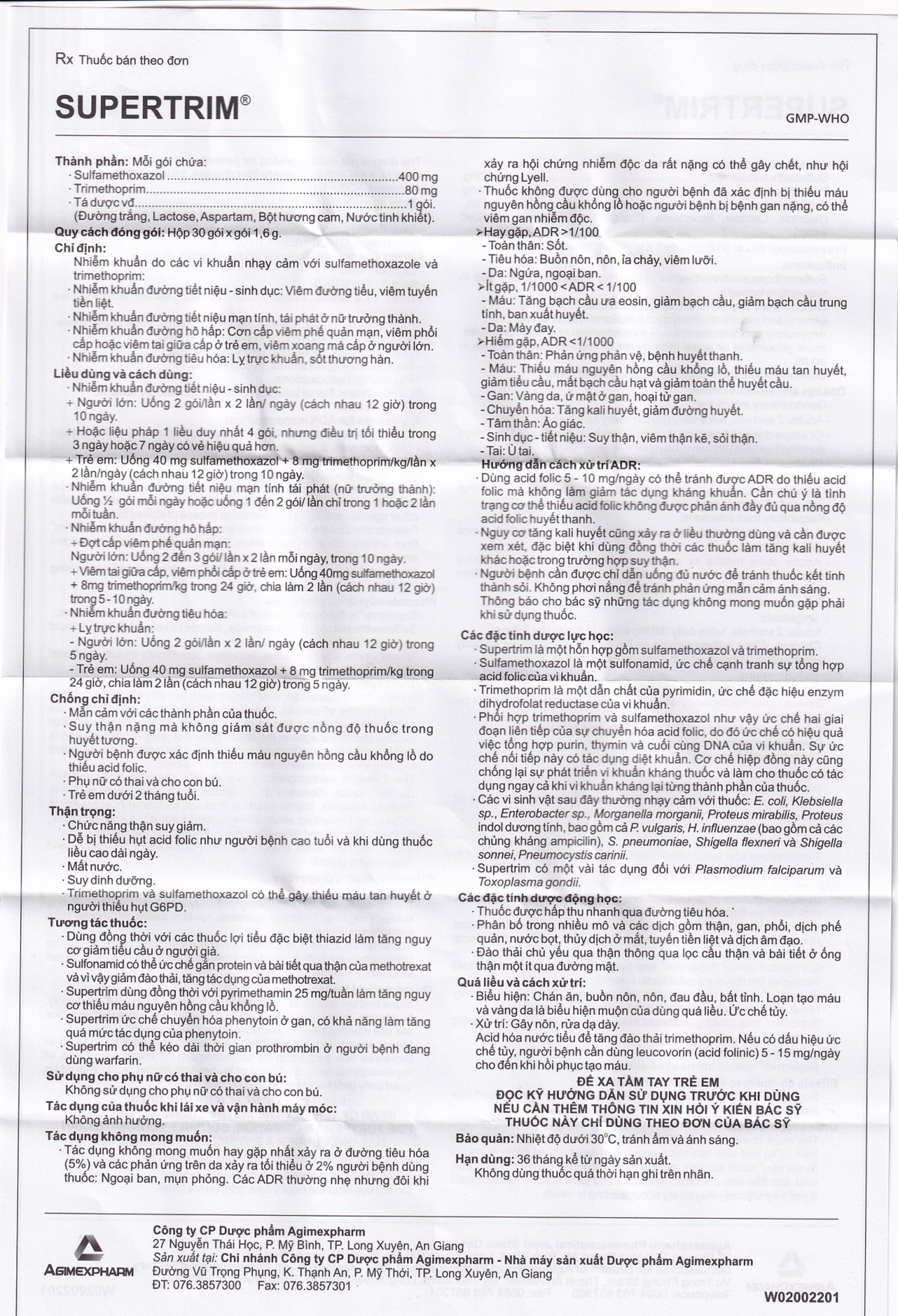 Thuốc bột uống Supertrim 1.6g Agimexpharm điều trị nhiễm khuẩn do các vi khuẩn nhạy cảm (30 gói)