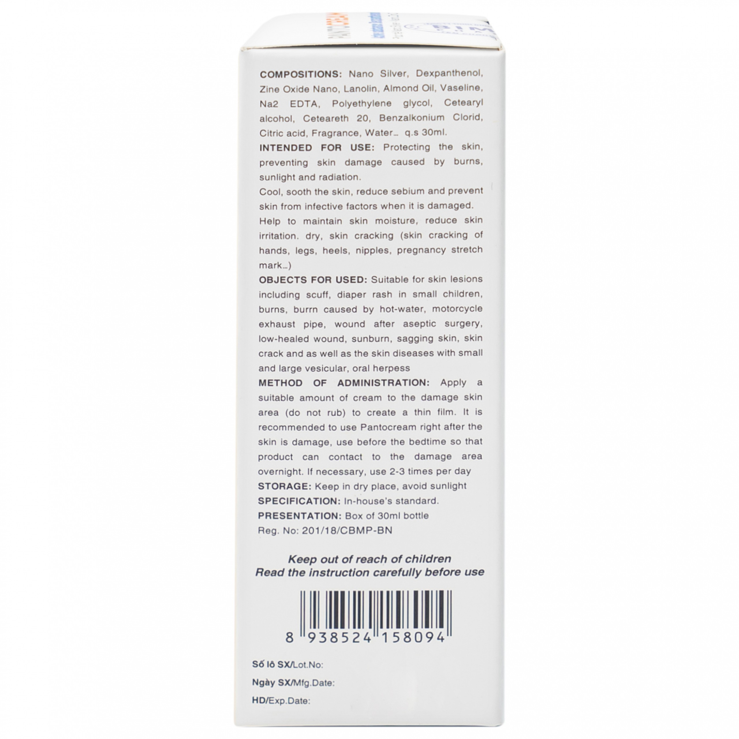 Kem bôi vết thương, bỏng Pantocream 30g Nano Silver - Zinc