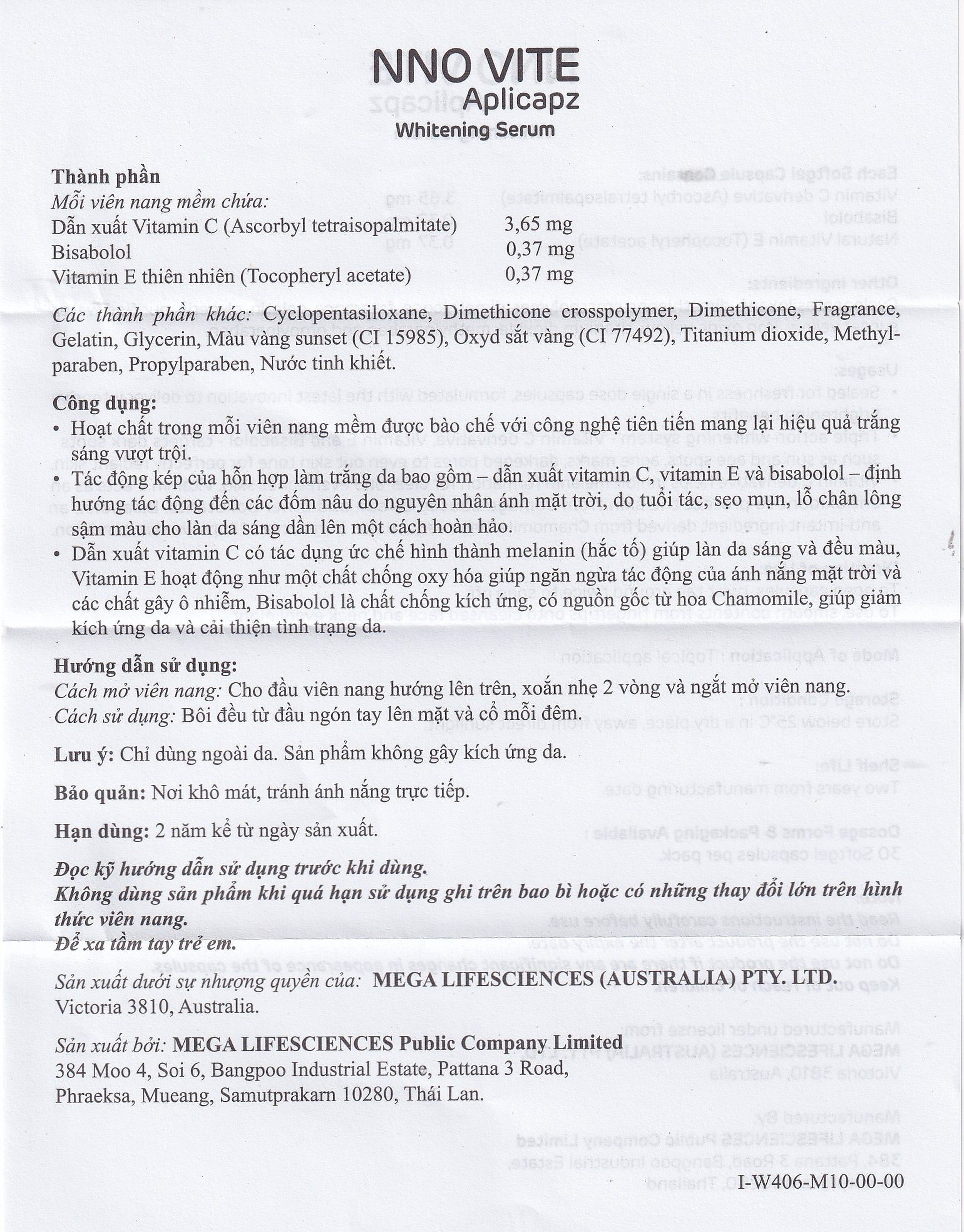 Tinh chất dưỡng da, ngừa lão hóa NNO Vite Aplicapz Whitening Serum Mega 3x10