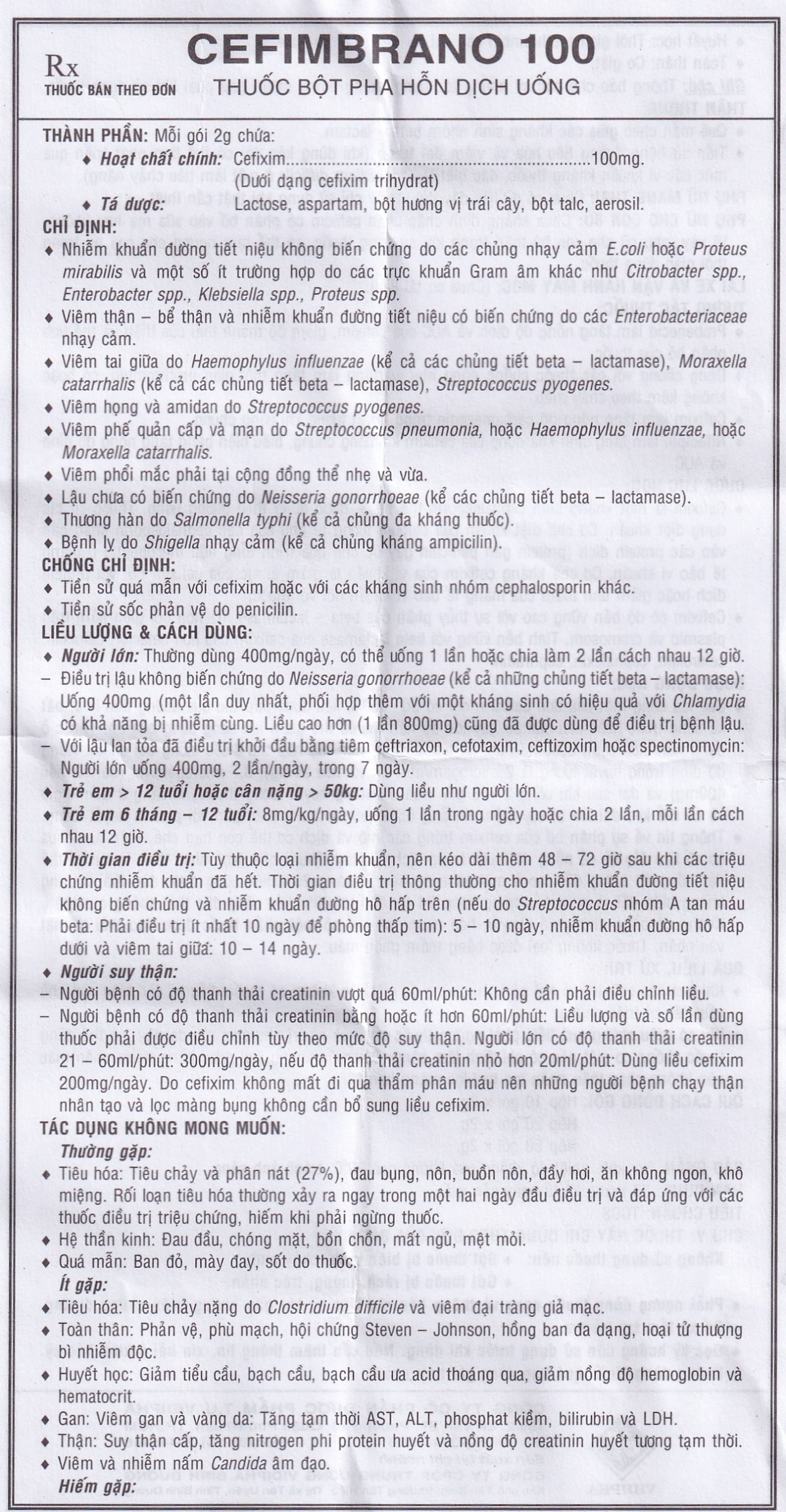 Bột pha hỗn dịch uống Cefimbrano 100 Vidipha điều trị nhiễm khuẩn (10 gói x 2g)